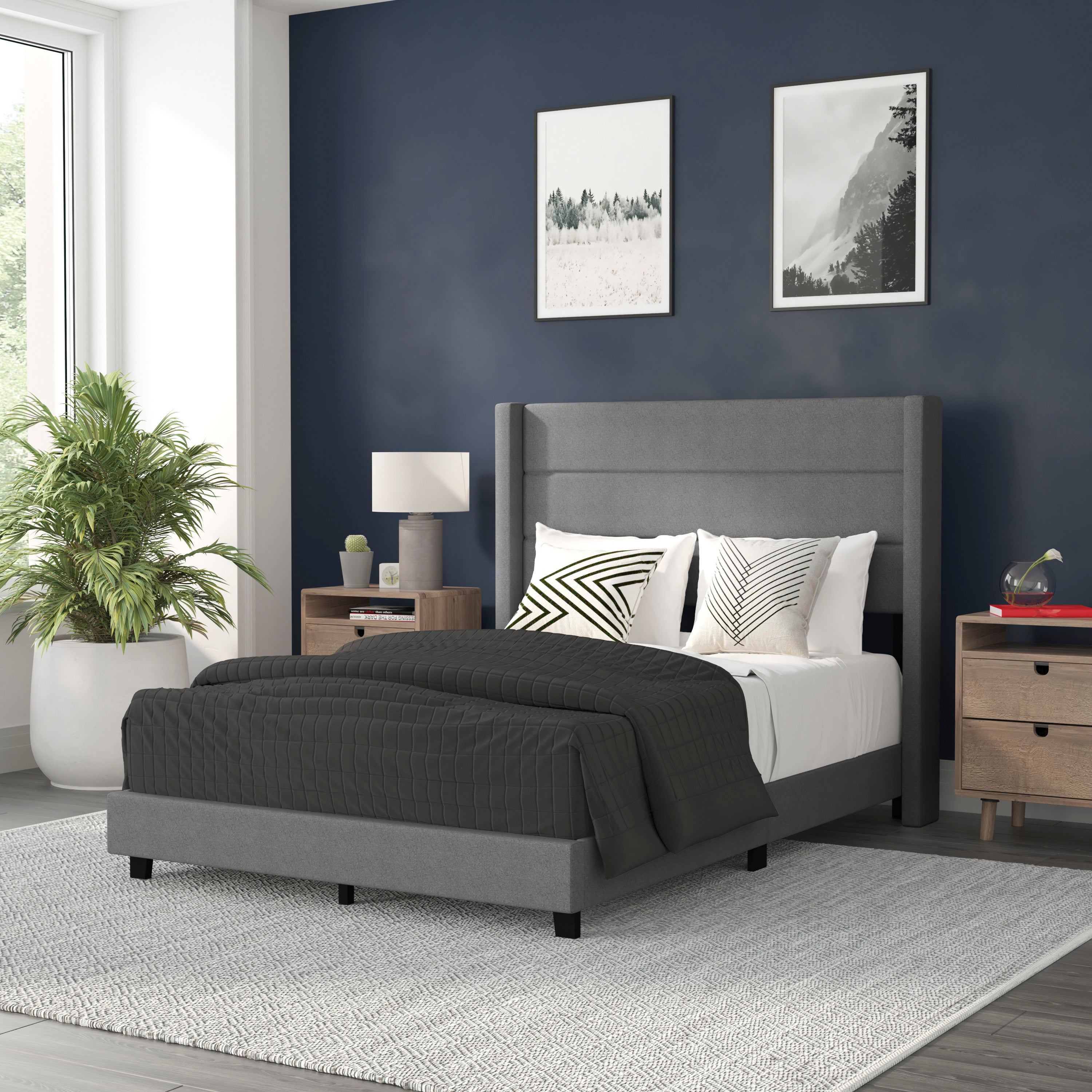 Hollis Upholstered Platform Bed with Wingback Headboard, Mattress Foundation with Slatted Supports, No Box Spring Needed