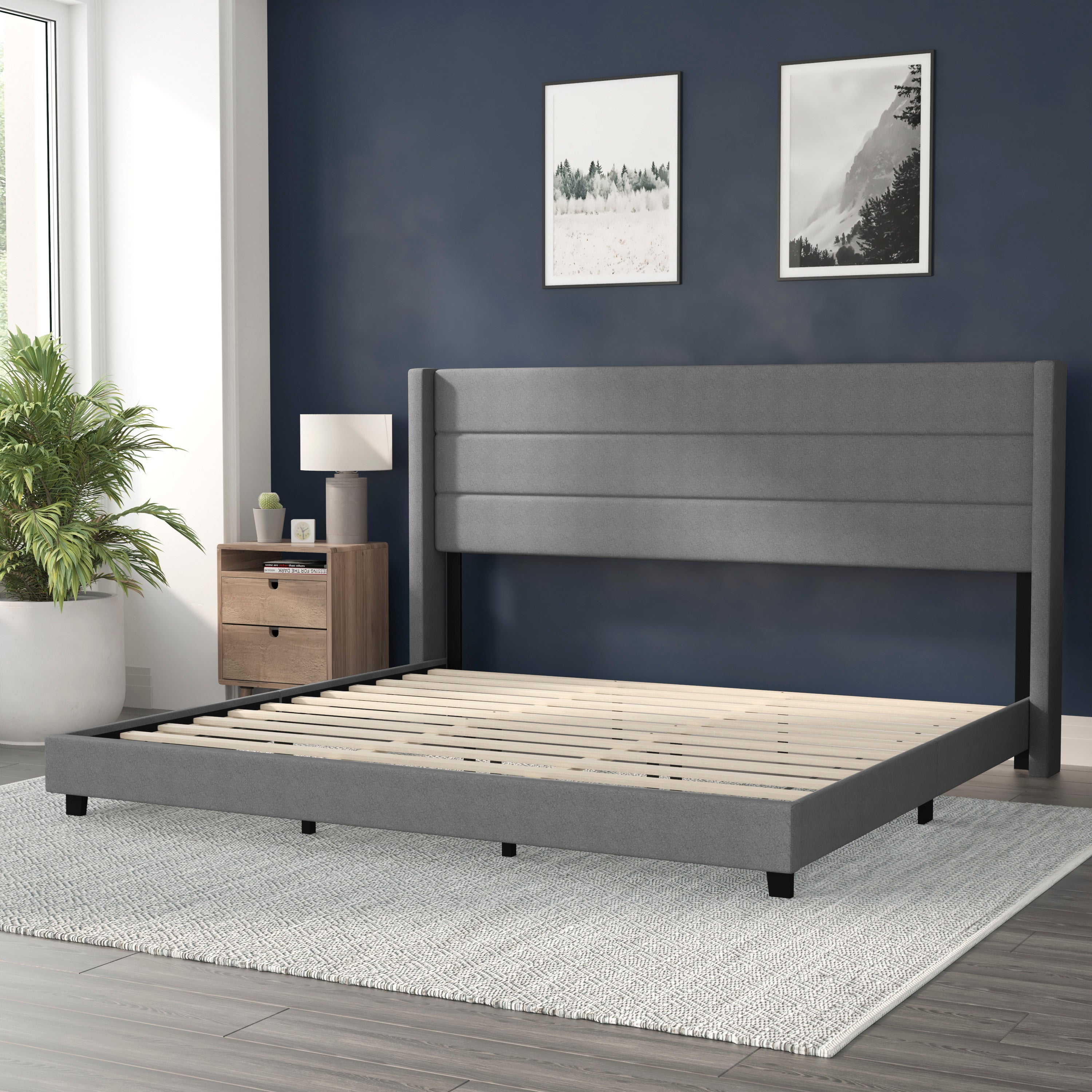 Hollis Upholstered Platform Bed with Wingback Headboard, Mattress Foundation with Slatted Supports, No Box Spring Needed