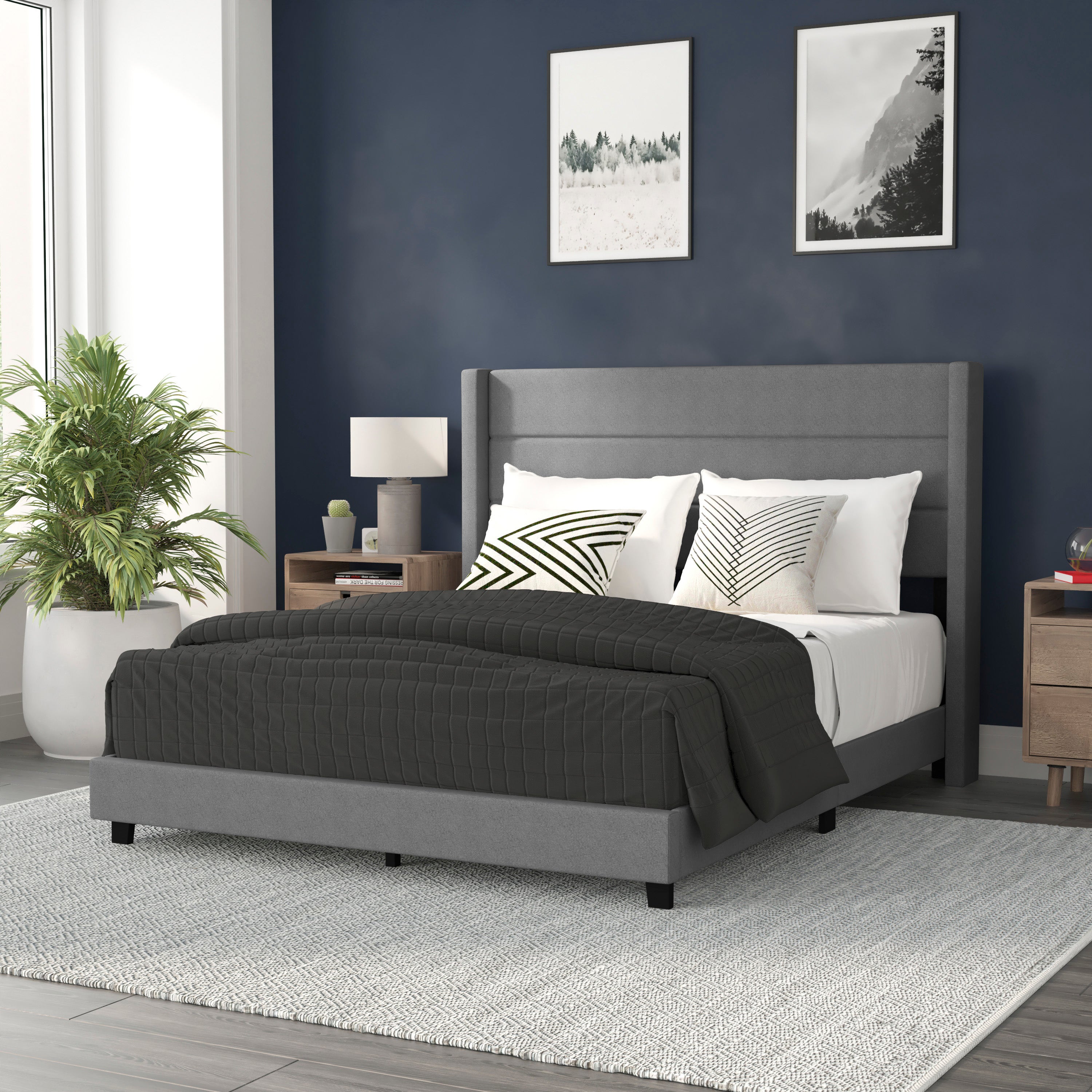 Hollis Upholstered Platform Bed with Wingback Headboard, Mattress Foundation with Slatted Supports, No Box Spring Needed
