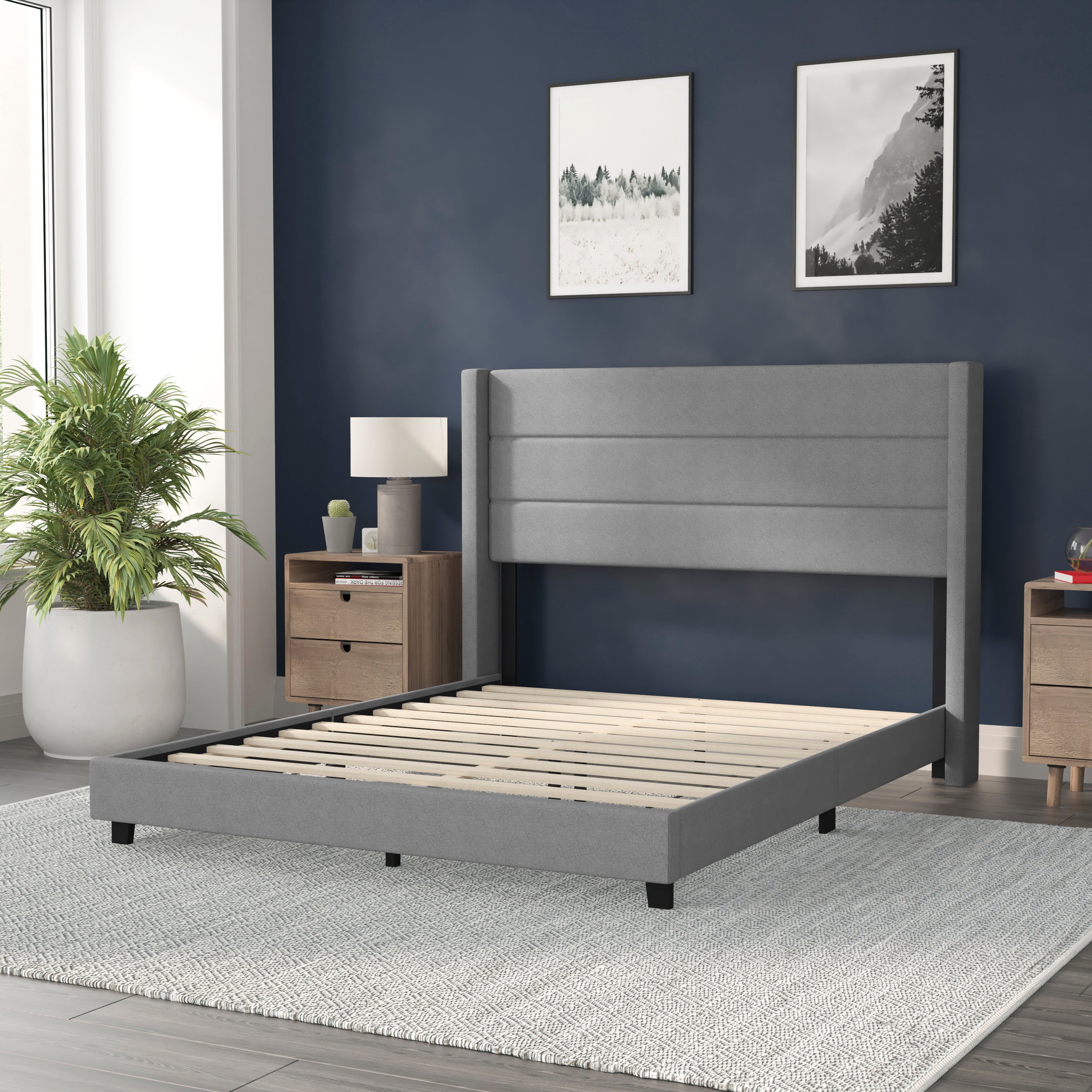 Hollis Upholstered Platform Bed with Wingback Headboard, Mattress Foundation with Slatted Supports, No Box Spring Needed