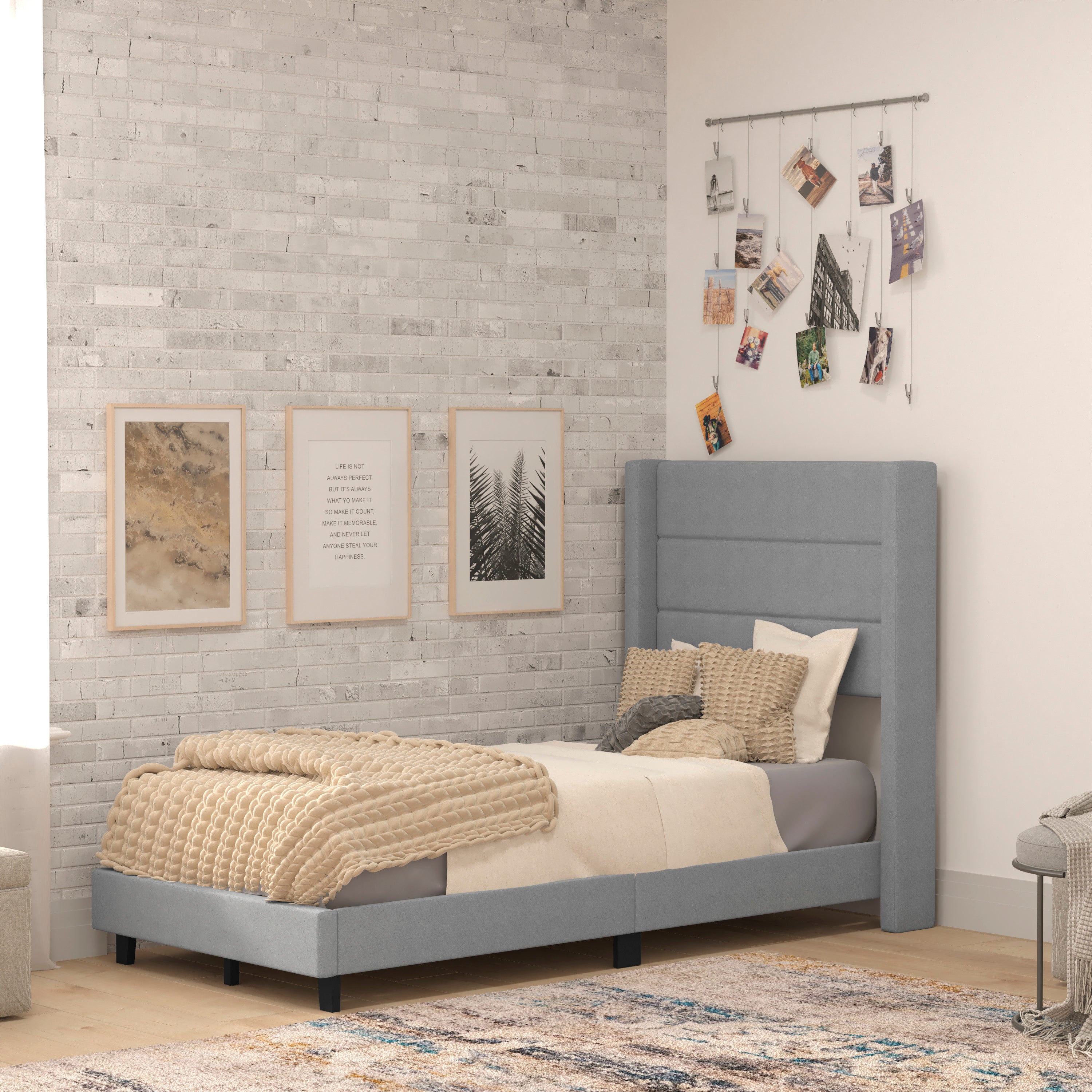 Hollis Upholstered Platform Bed with Wingback Headboard, Mattress Foundation with Slatted Supports, No Box Spring Needed
