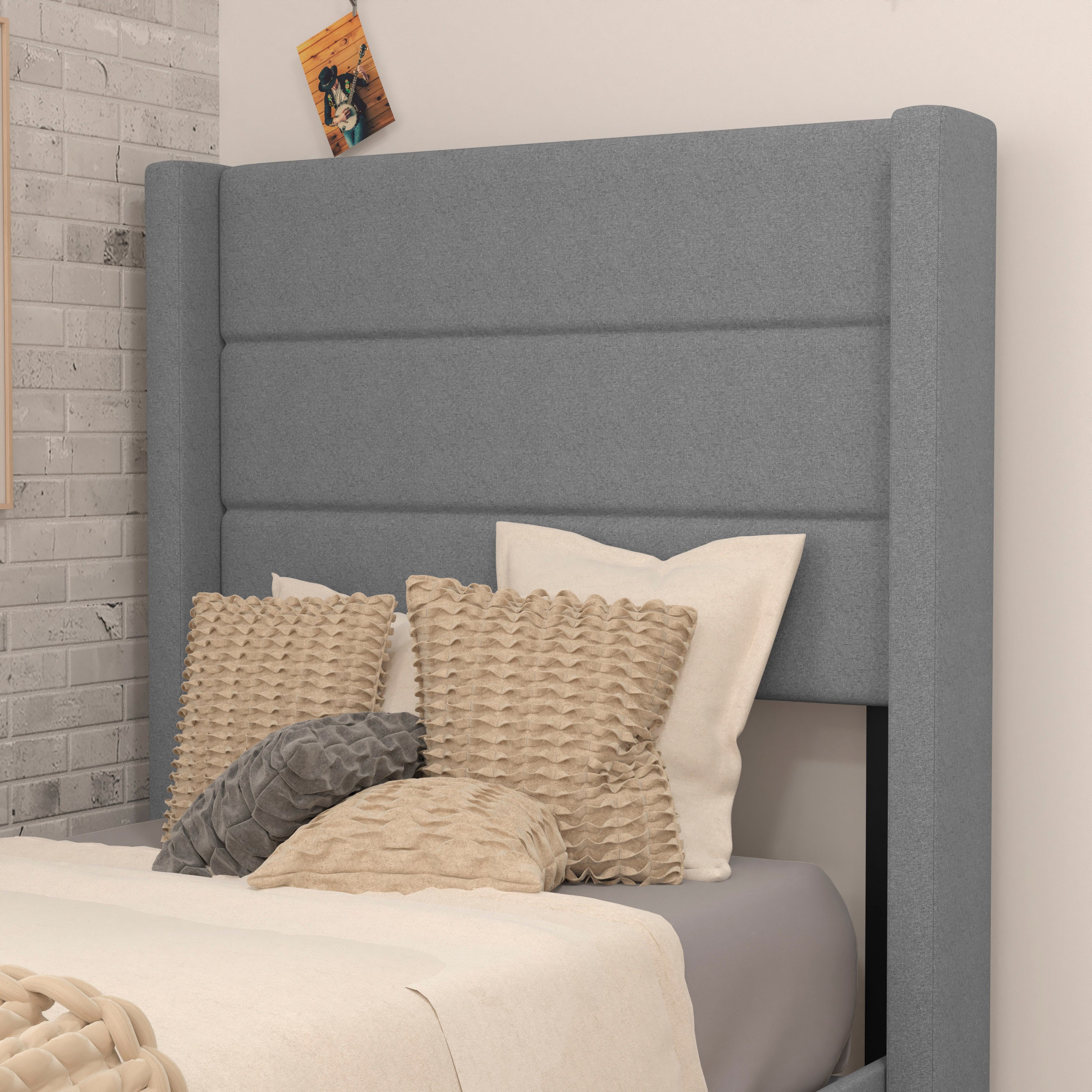 Hollis Upholstered Platform Bed with Wingback Headboard, Mattress Foundation with Slatted Supports, No Box Spring Needed