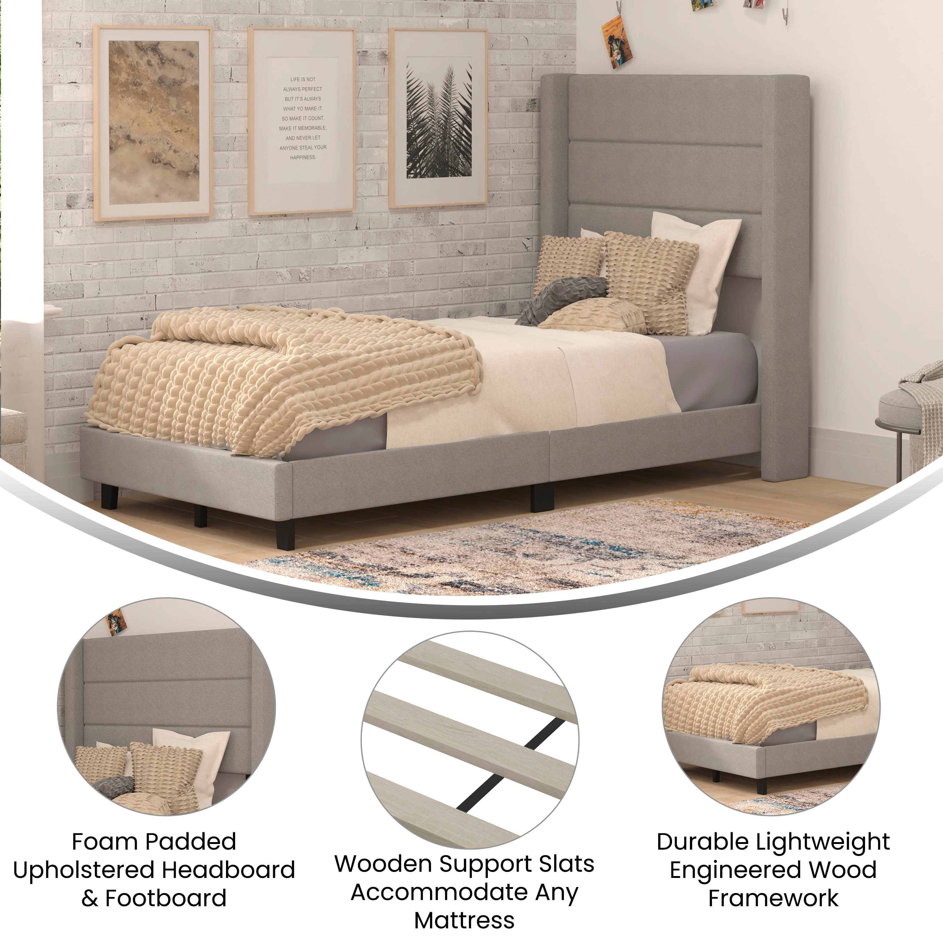 Hollis Upholstered Platform Bed with Wingback Headboard, Mattress Foundation with Slatted Supports, No Box Spring Needed