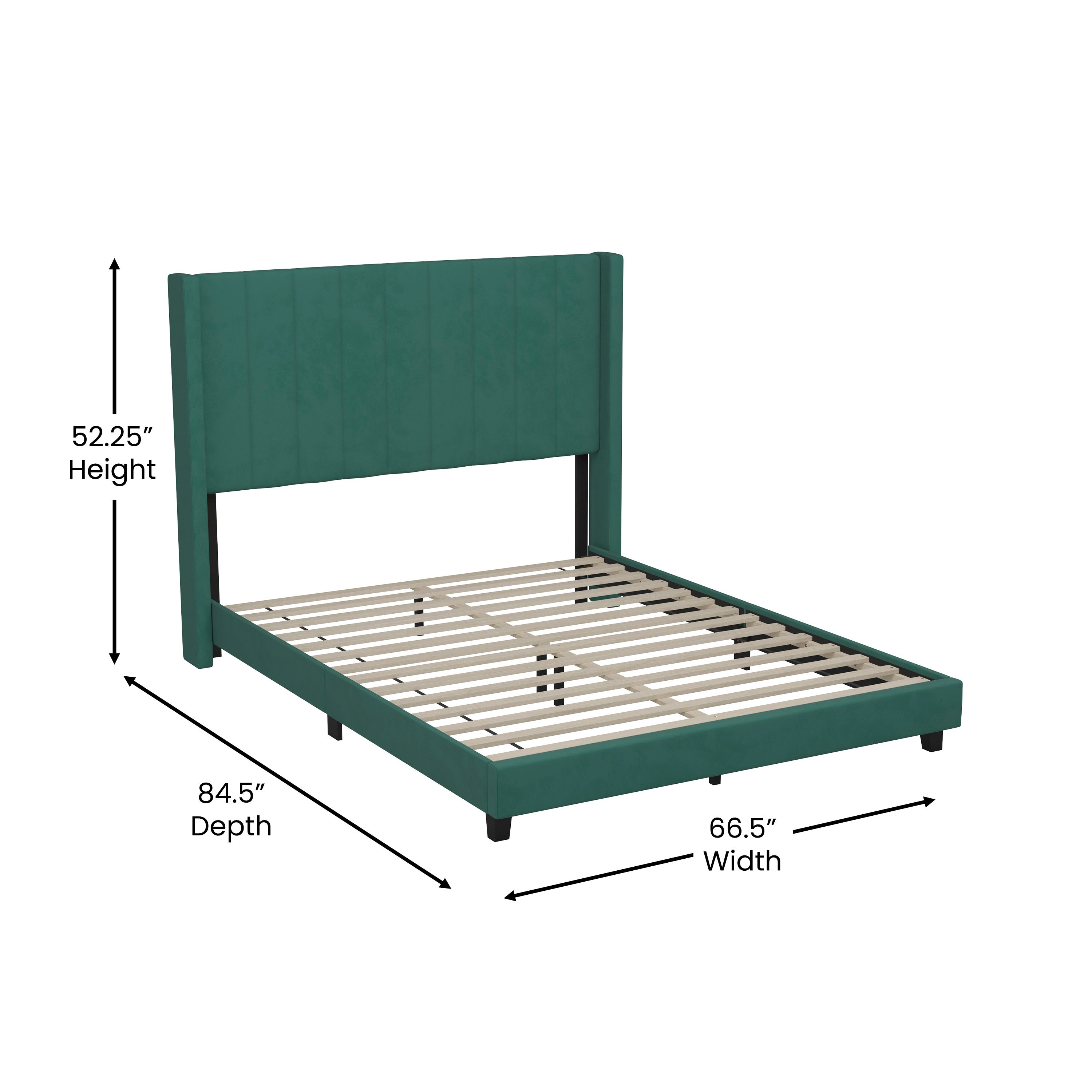 Bianca Upholstered Platform Bed with Vertical Stitched Wingback Headboard, Slatted Mattress Foundation, No Box Spring Needed
