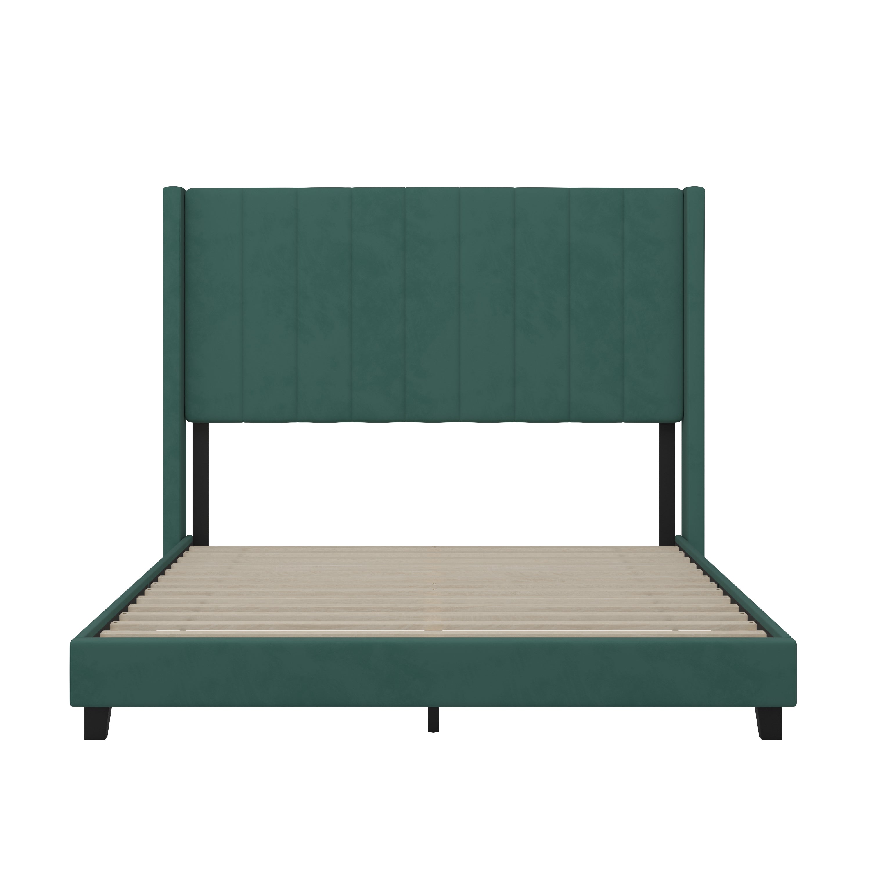 Bianca Upholstered Platform Bed with Vertical Stitched Wingback Headboard, Slatted Mattress Foundation, No Box Spring Needed