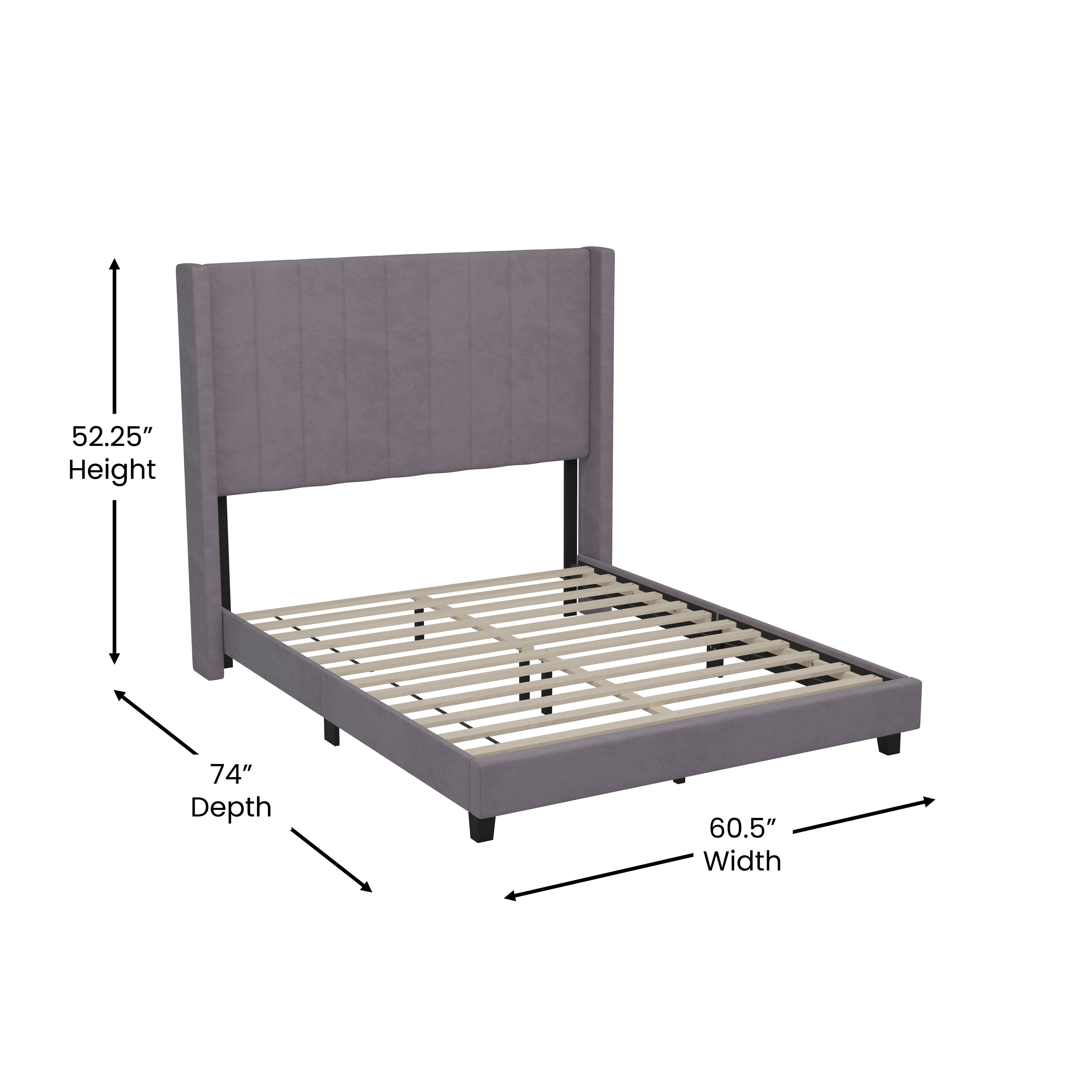 Bianca Upholstered Platform Bed with Vertical Stitched Wingback Headboard, Slatted Mattress Foundation, No Box Spring Needed