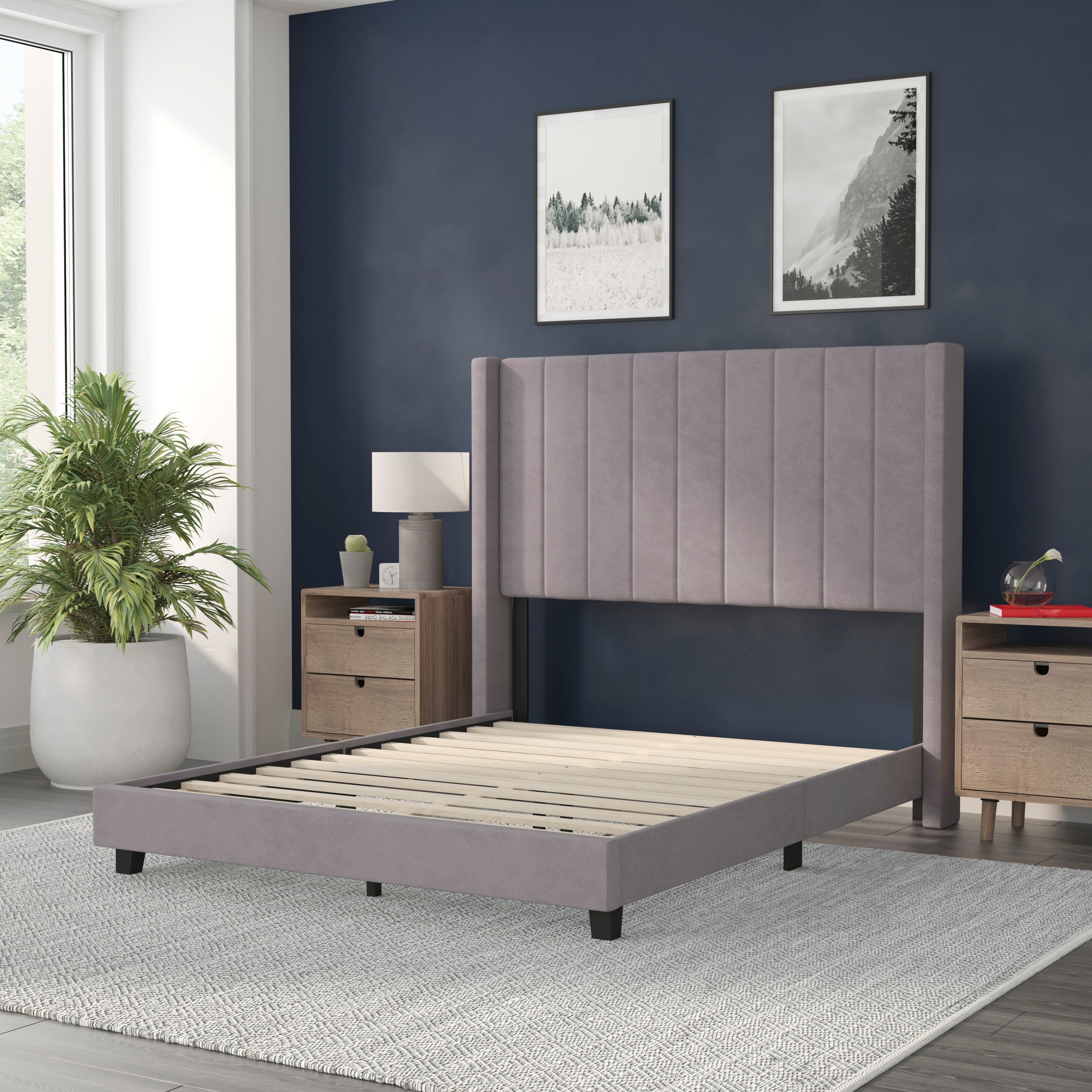 Bianca Upholstered Platform Bed with Vertical Stitched Wingback Headboard, Slatted Mattress Foundation, No Box Spring Needed