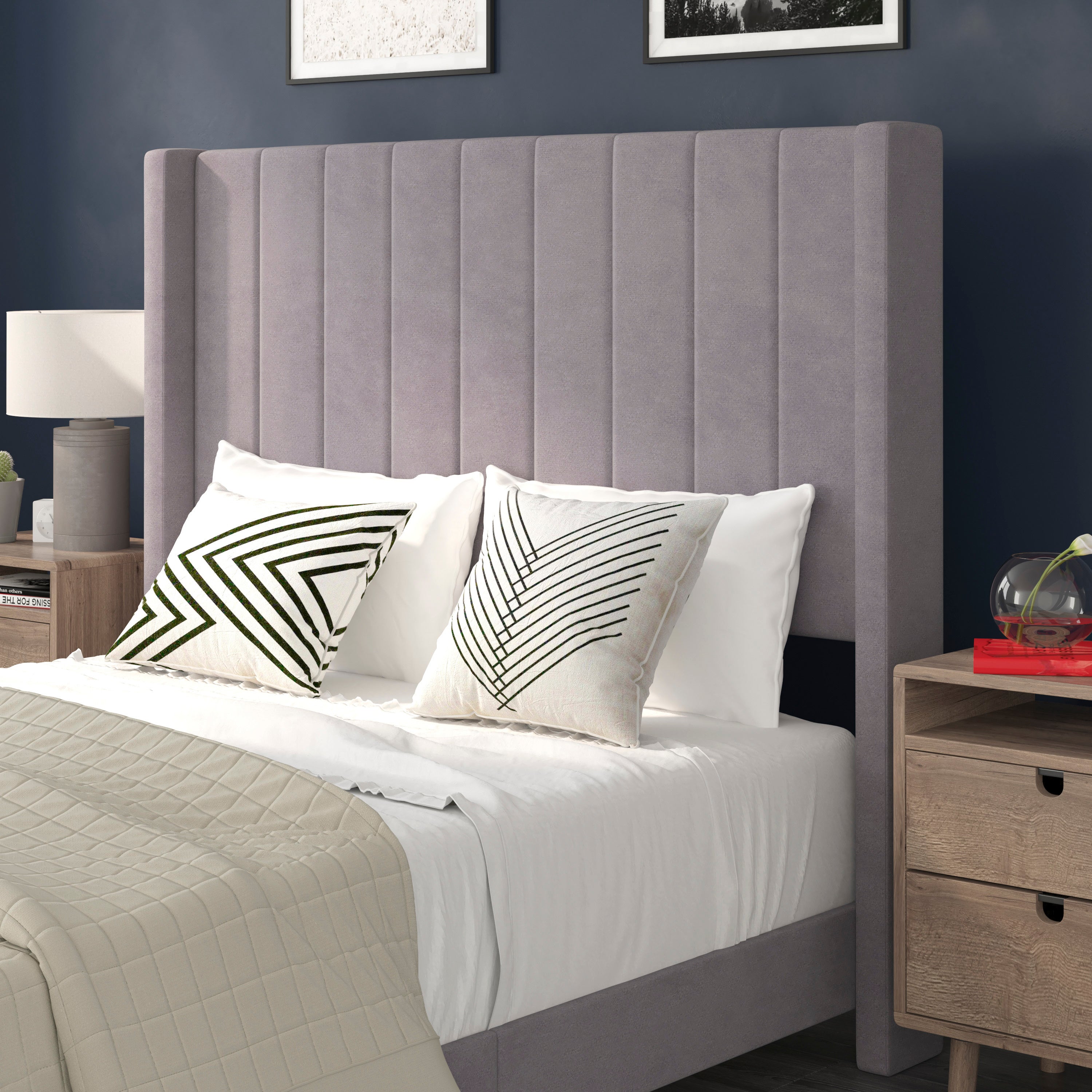 Bianca Upholstered Platform Bed with Vertical Stitched Wingback Headboard, Slatted Mattress Foundation, No Box Spring Needed