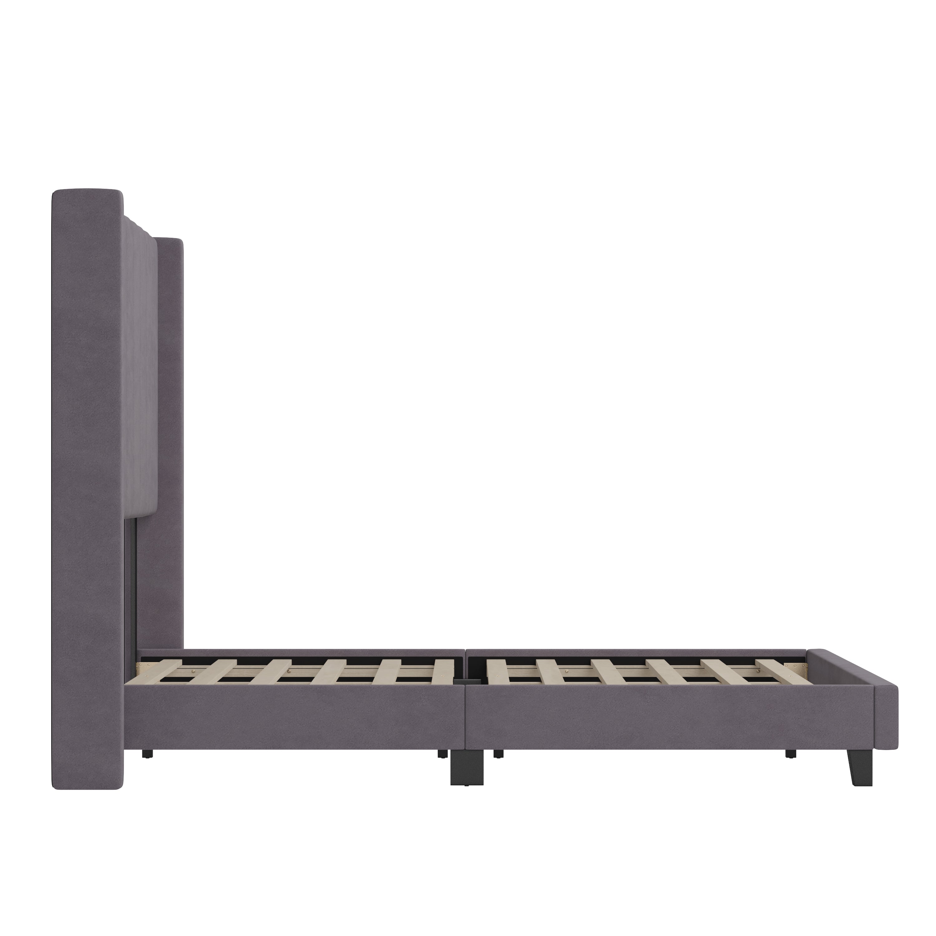 Bianca Upholstered Platform Bed with Vertical Stitched Wingback Headboard, Slatted Mattress Foundation, No Box Spring Needed