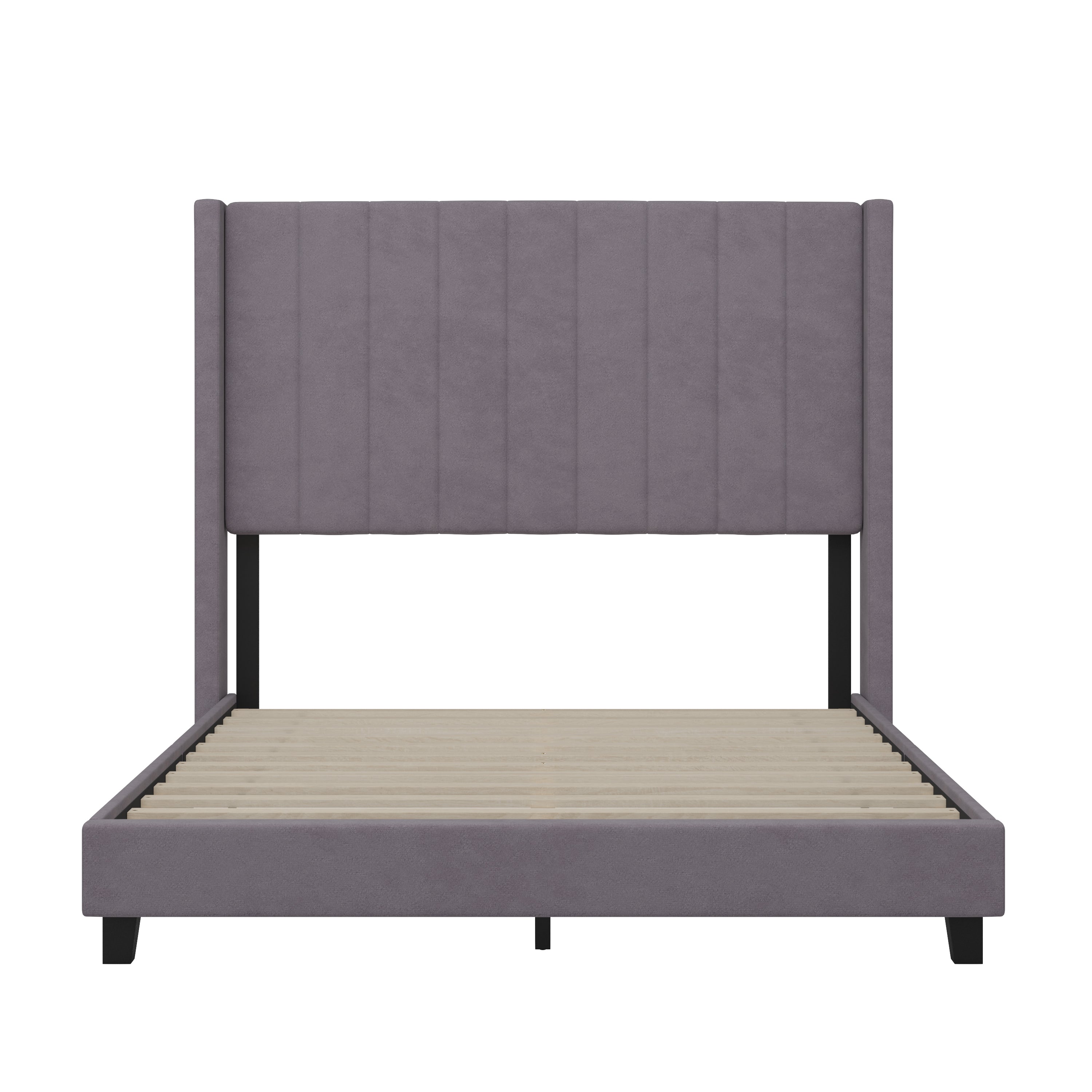 Bianca Upholstered Platform Bed with Vertical Stitched Wingback Headboard, Slatted Mattress Foundation, No Box Spring Needed