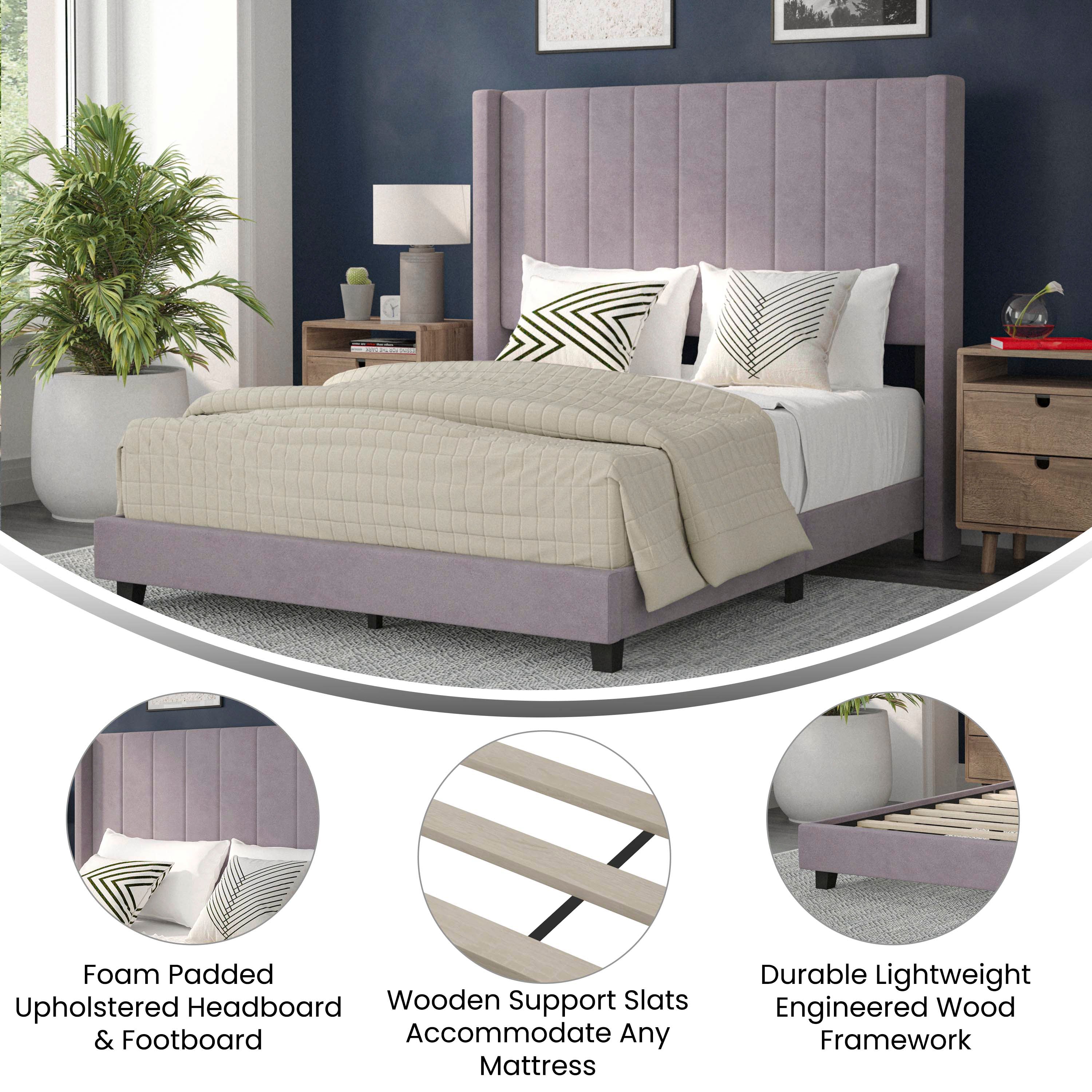 Bianca Upholstered Platform Bed with Vertical Stitched Wingback Headboard, Slatted Mattress Foundation, No Box Spring Needed