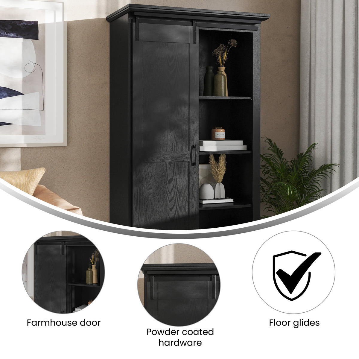 Harrison Rustic Farmhouse Storage Cabinet Bookcase with Sliding Barn Door and Adjustable Shelves