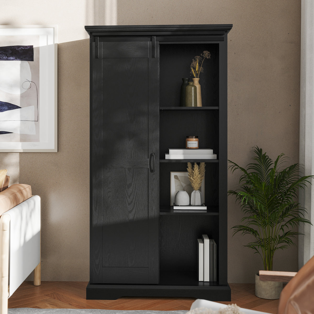 Harrison Rustic Farmhouse Storage Cabinet Bookcase with Sliding Barn Door and Adjustable Shelves
