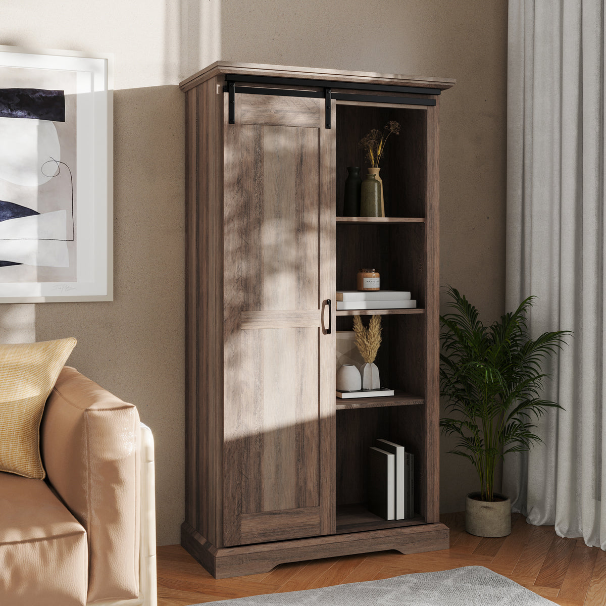 Harrison Rustic Farmhouse Storage Cabinet Bookcase with Sliding Barn Door and Adjustable Shelves