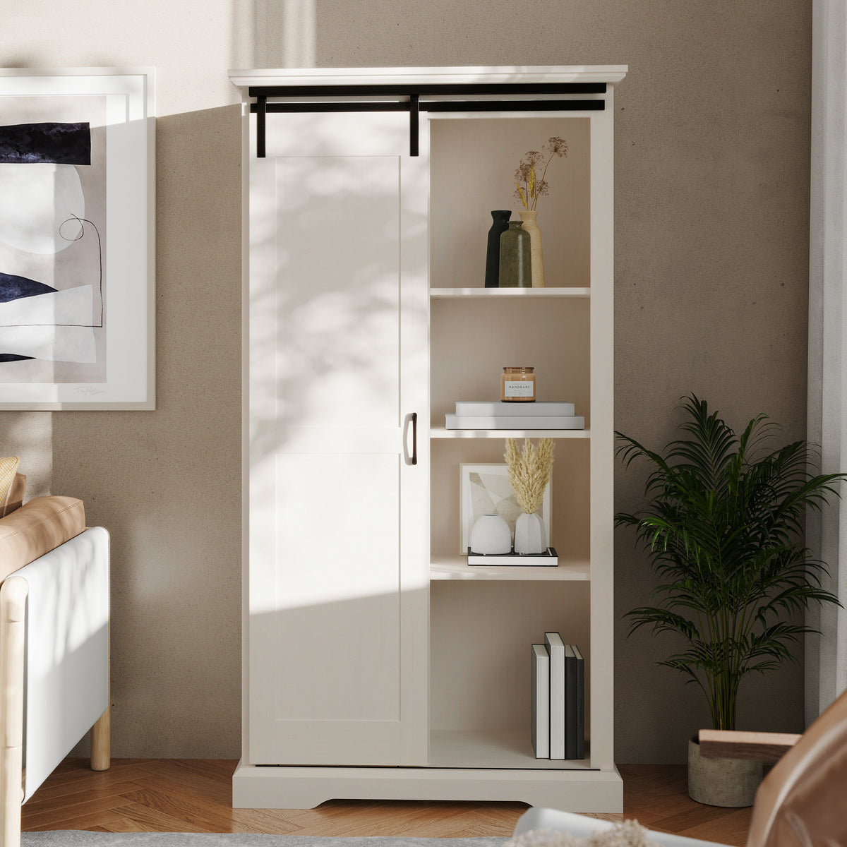 Harrison Rustic Farmhouse Storage Cabinet Bookcase with Sliding Barn Door and Adjustable Shelves