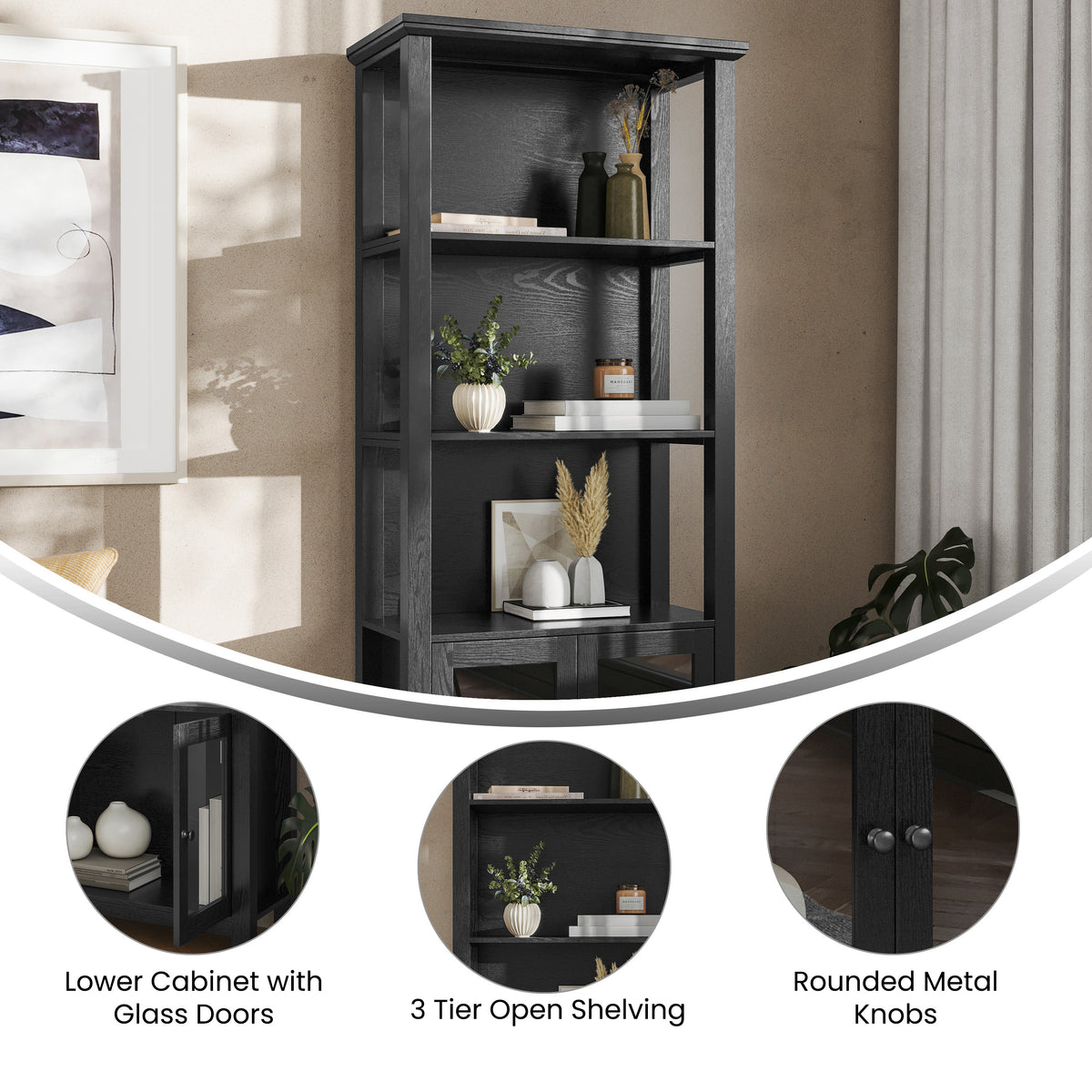 Stella Modern Farmhouse Wooden Bookcase and Storage Cabinet with Tempered Glass Doors and 3 Upper Shelves
