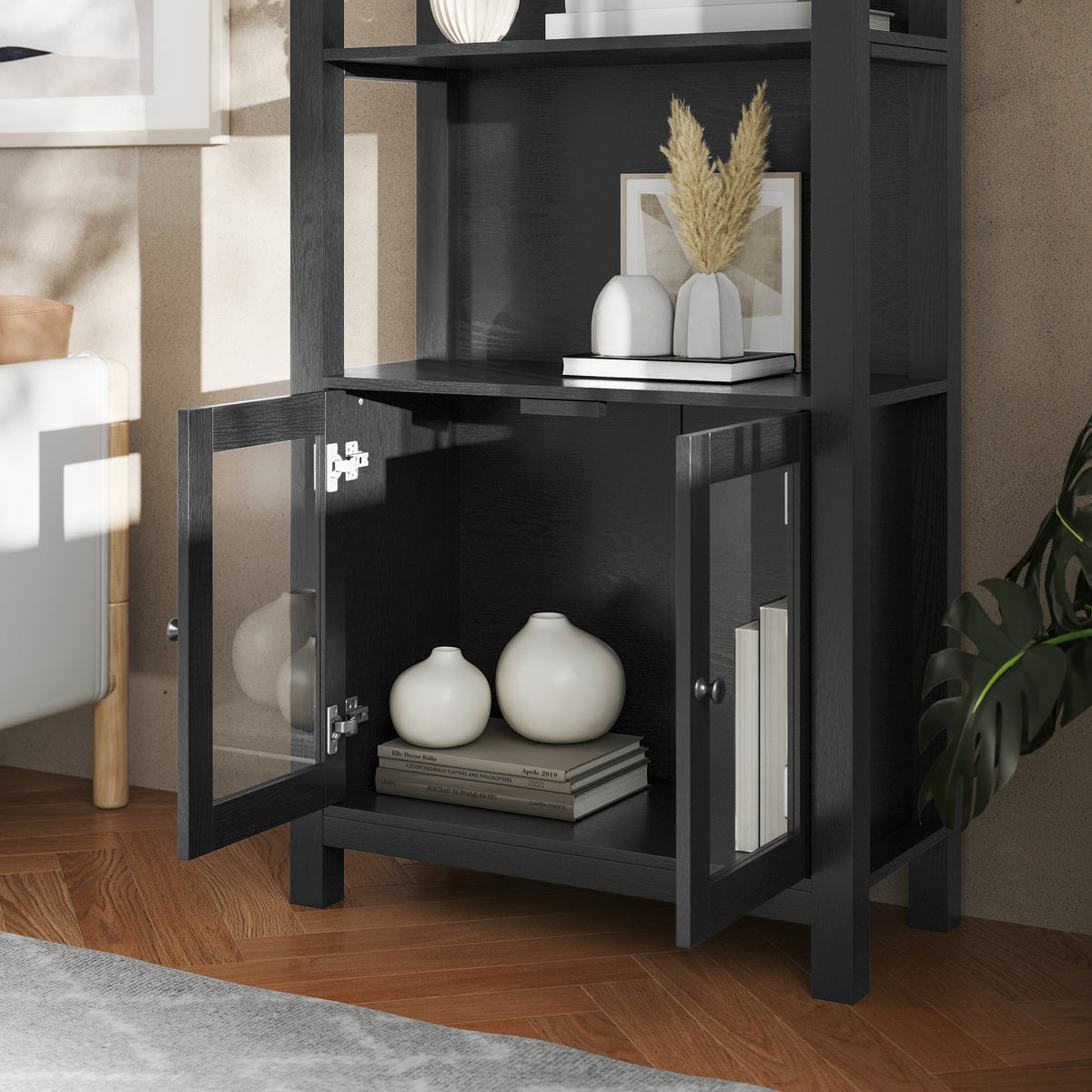 Stella Modern Farmhouse Wooden Bookcase and Storage Cabinet with Tempered Glass Doors and 3 Upper Shelves