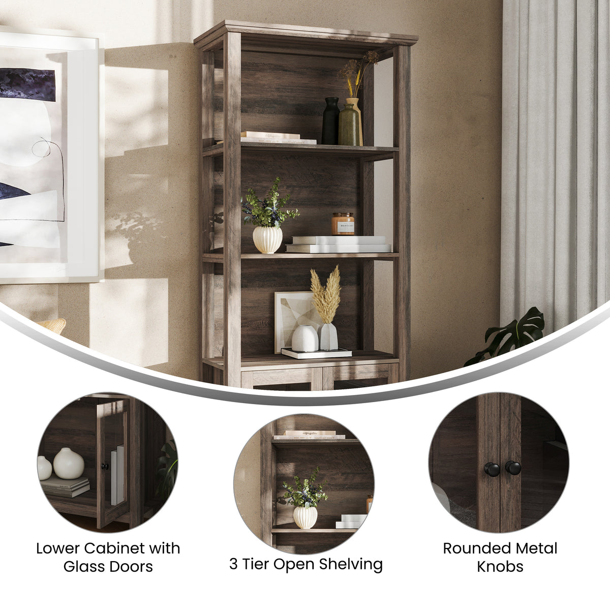 Stella Modern Farmhouse Wooden Bookcase and Storage Cabinet with Tempered Glass Doors and 3 Upper Shelves