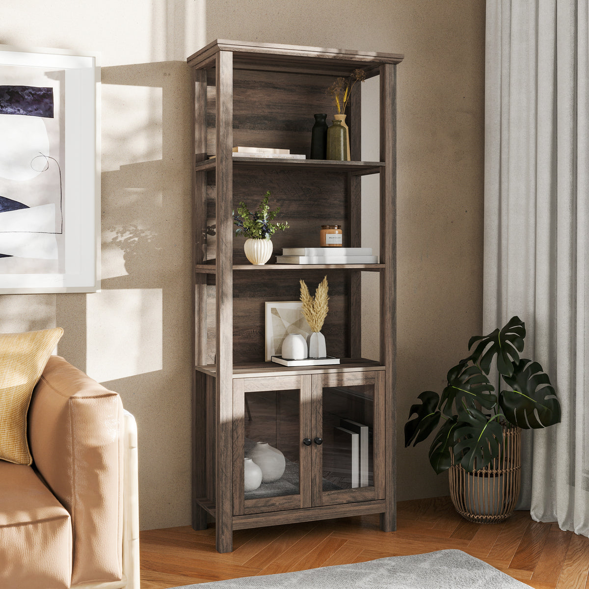 Stella Modern Farmhouse Wooden Bookcase and Storage Cabinet with Tempered Glass Doors and 3 Upper Shelves