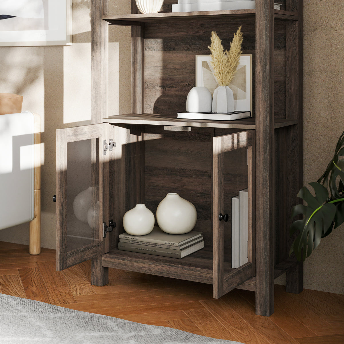 Stella Modern Farmhouse Wooden Bookcase and Storage Cabinet with Tempered Glass Doors and 3 Upper Shelves
