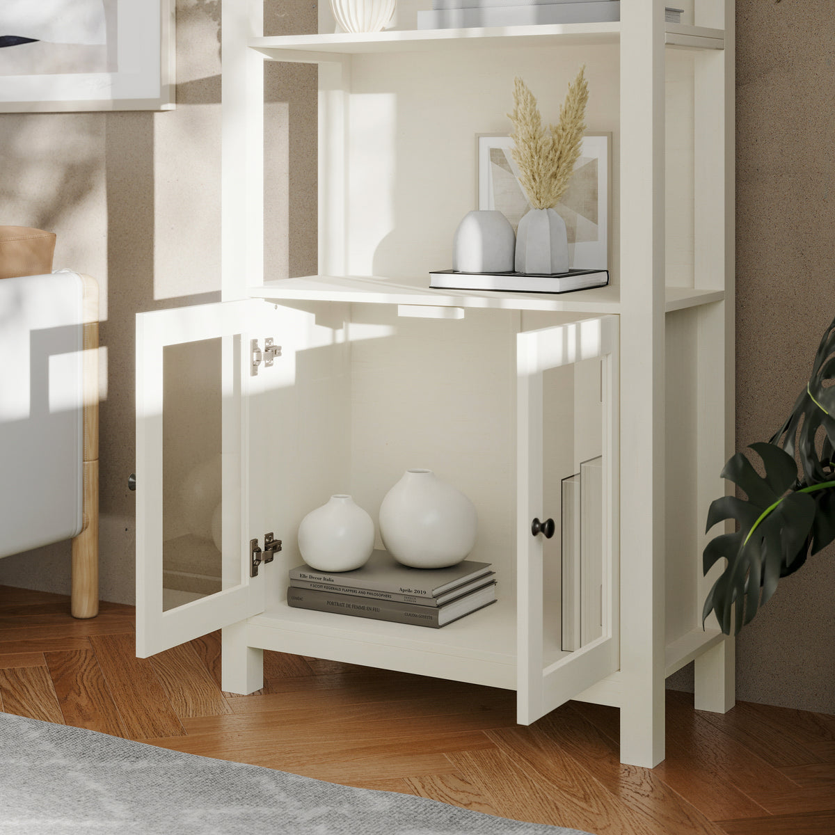 Stella Modern Farmhouse Wooden Bookcase and Storage Cabinet with Tempered Glass Doors and 3 Upper Shelves
