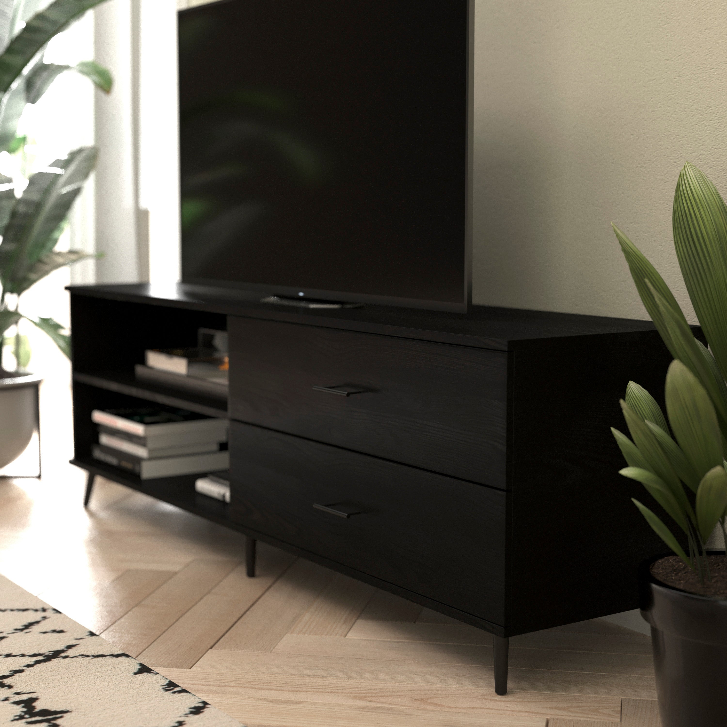 Nelson 65" Mid Century Modern TV Stand for up to 60" TV's with Adjustable Shelf and Storage Drawers