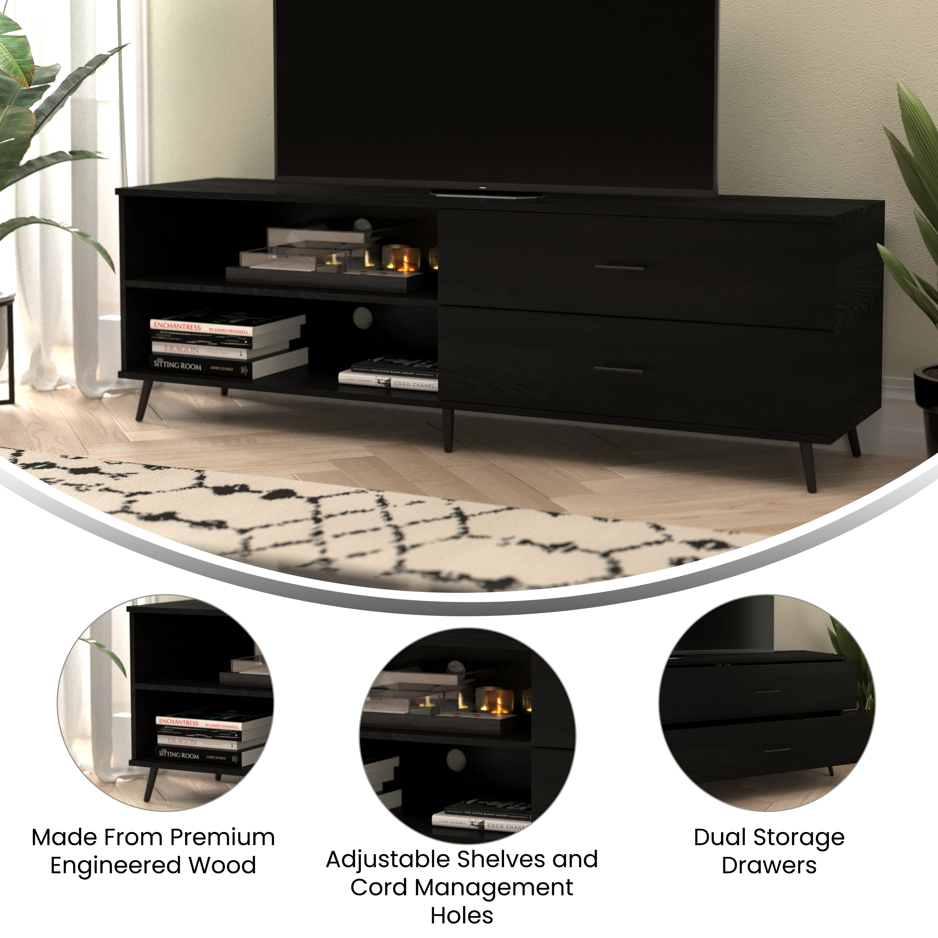Nelson 65" Mid Century Modern TV Stand for up to 60" TV's with Adjustable Shelf and Storage Drawers