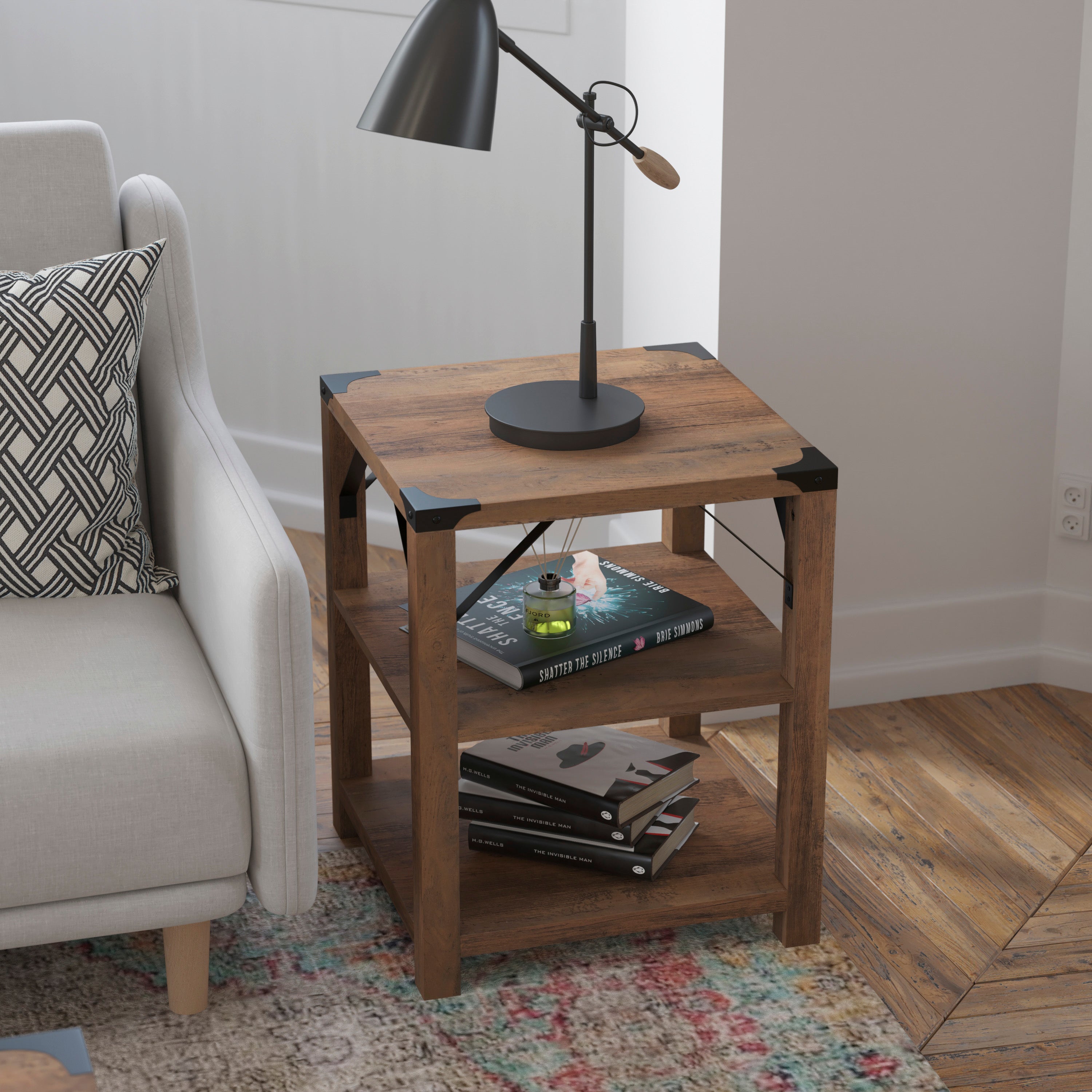 Wyatt Modern Farmhouse Wooden 3 Tier End Table with Metal Corner Accents and Cross Bracing-End Table-Flash Furniture-Wall2Wall Furnishings