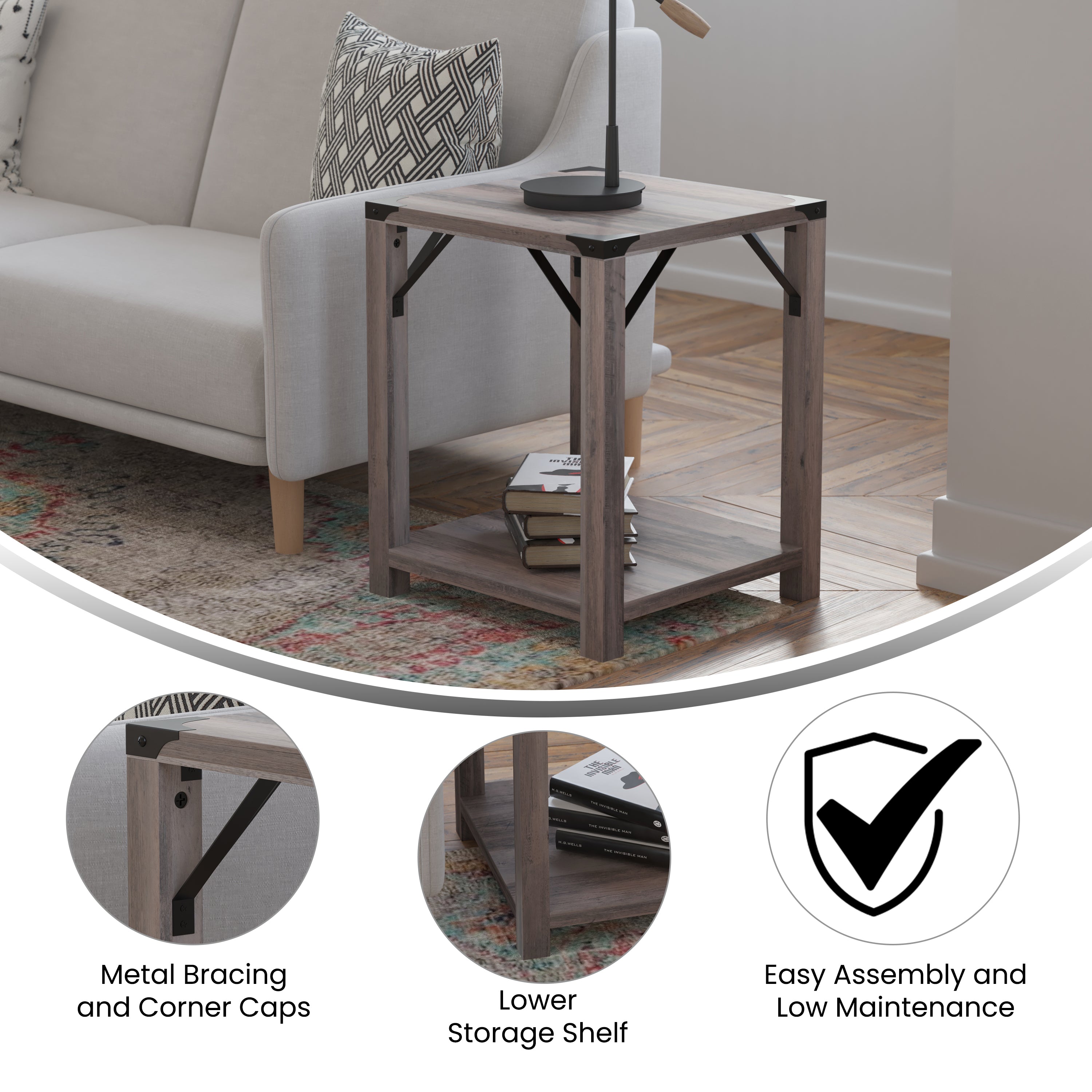 Wyatt Modern Farmhouse Wooden 2 Tier End Table with Metal Corner Accents and Cross Bracing