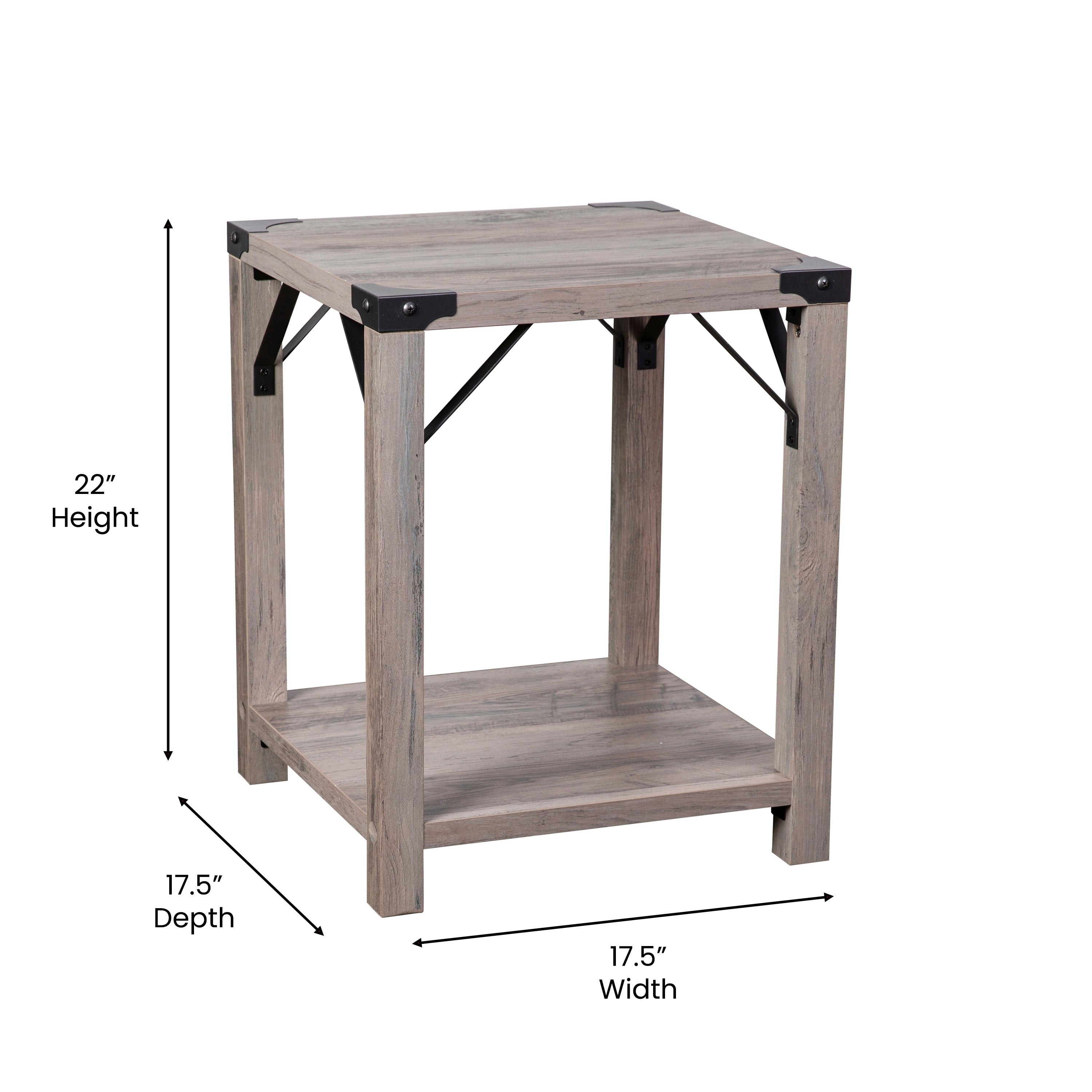 Wyatt Modern Farmhouse Wooden 2 Tier End Table with Metal Corner Accents and Cross Bracing