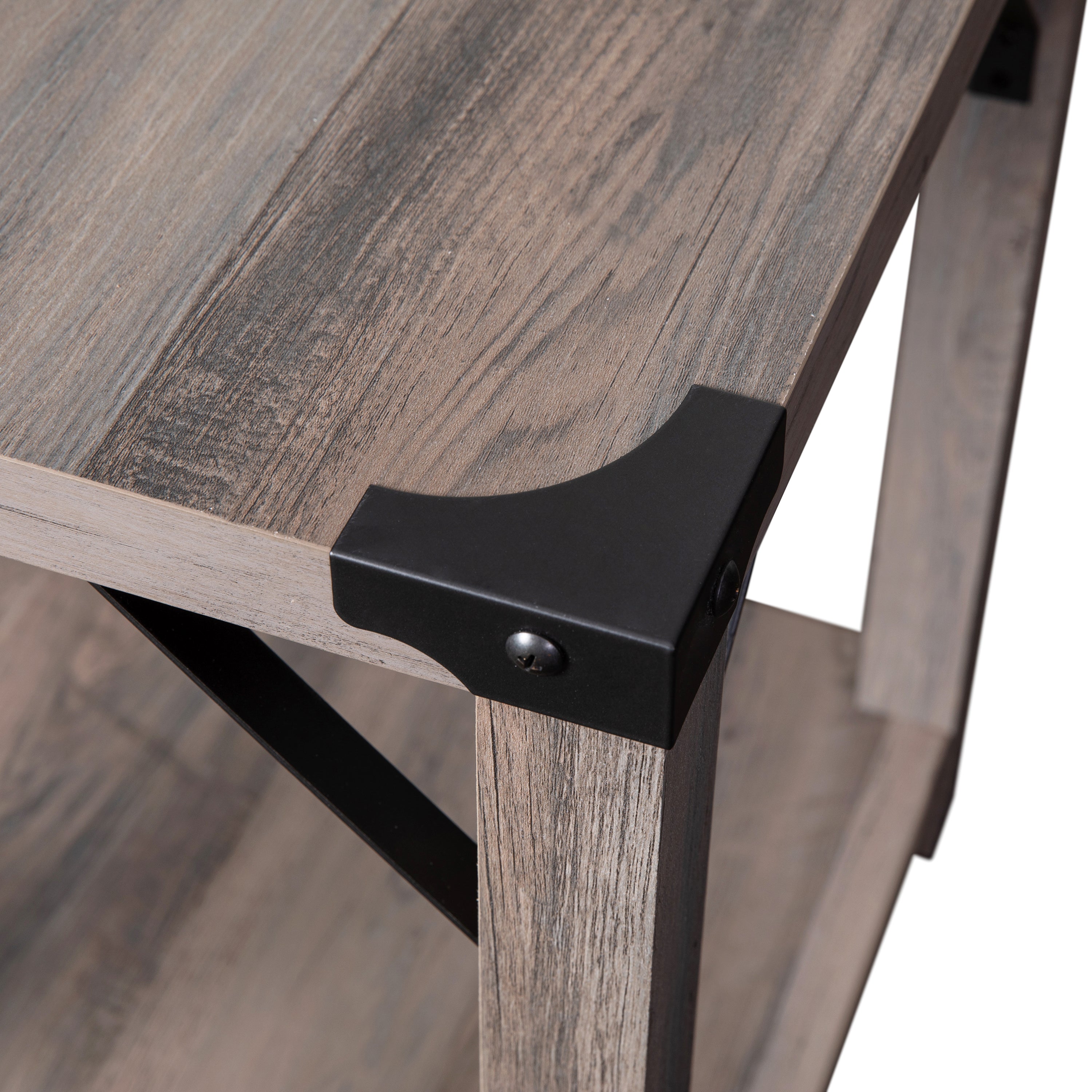 Wyatt Modern Farmhouse Wooden 2 Tier End Table with Metal Corner Accents and Cross Bracing