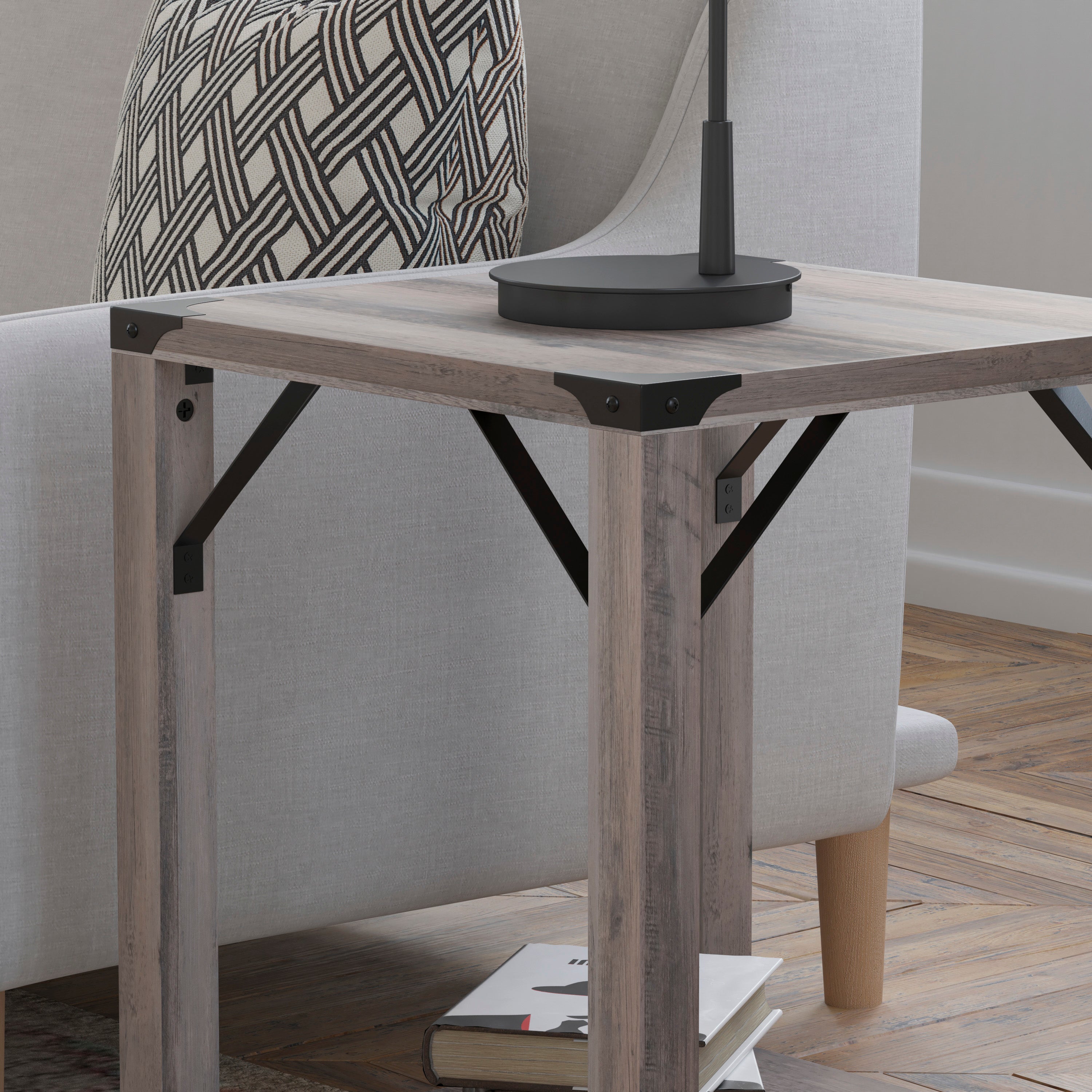 Wyatt Modern Farmhouse Wooden 2 Tier End Table with Metal Corner Accents and Cross Bracing