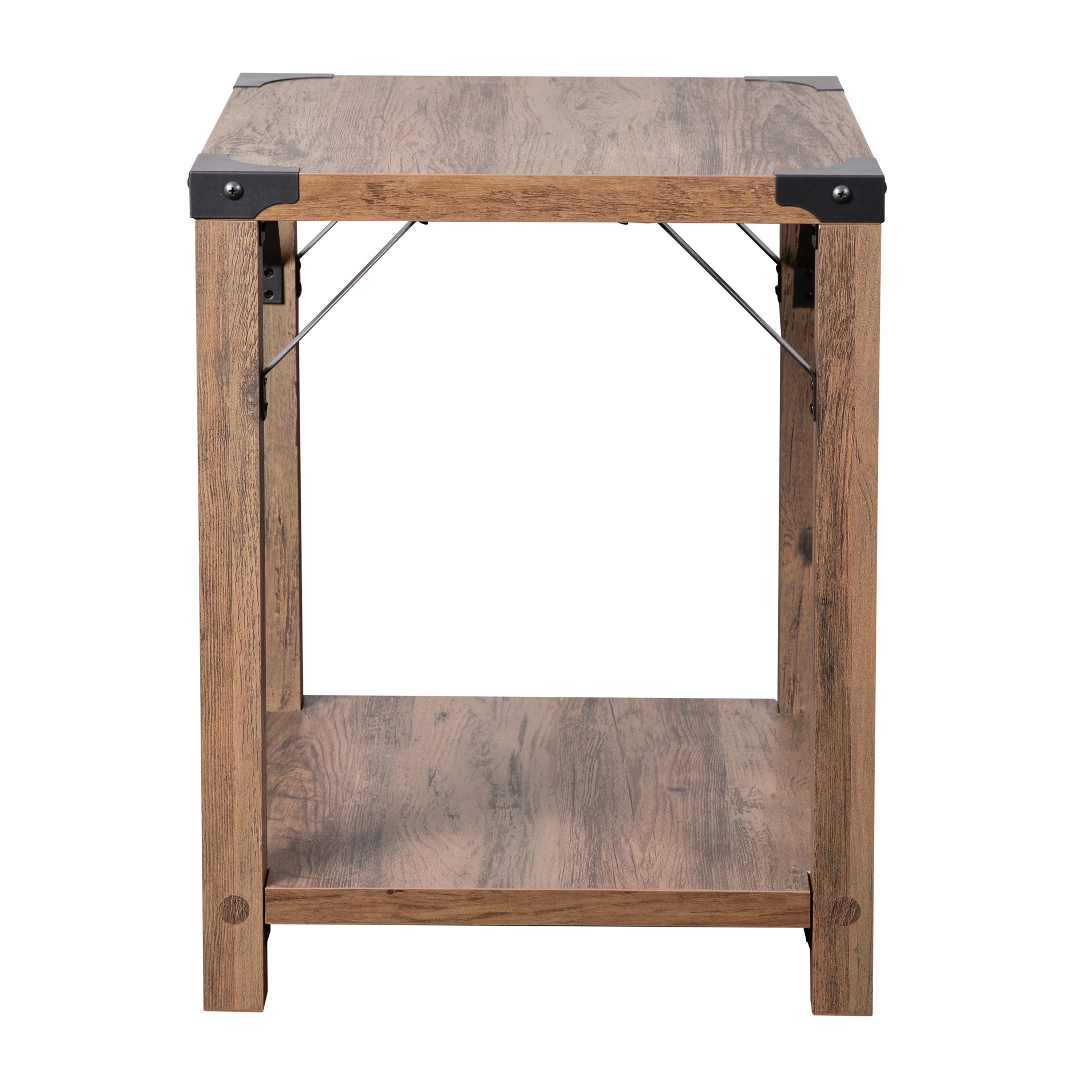 Wyatt Modern Farmhouse Wooden 2 Tier End Table with Metal Corner Accents and Cross Bracing