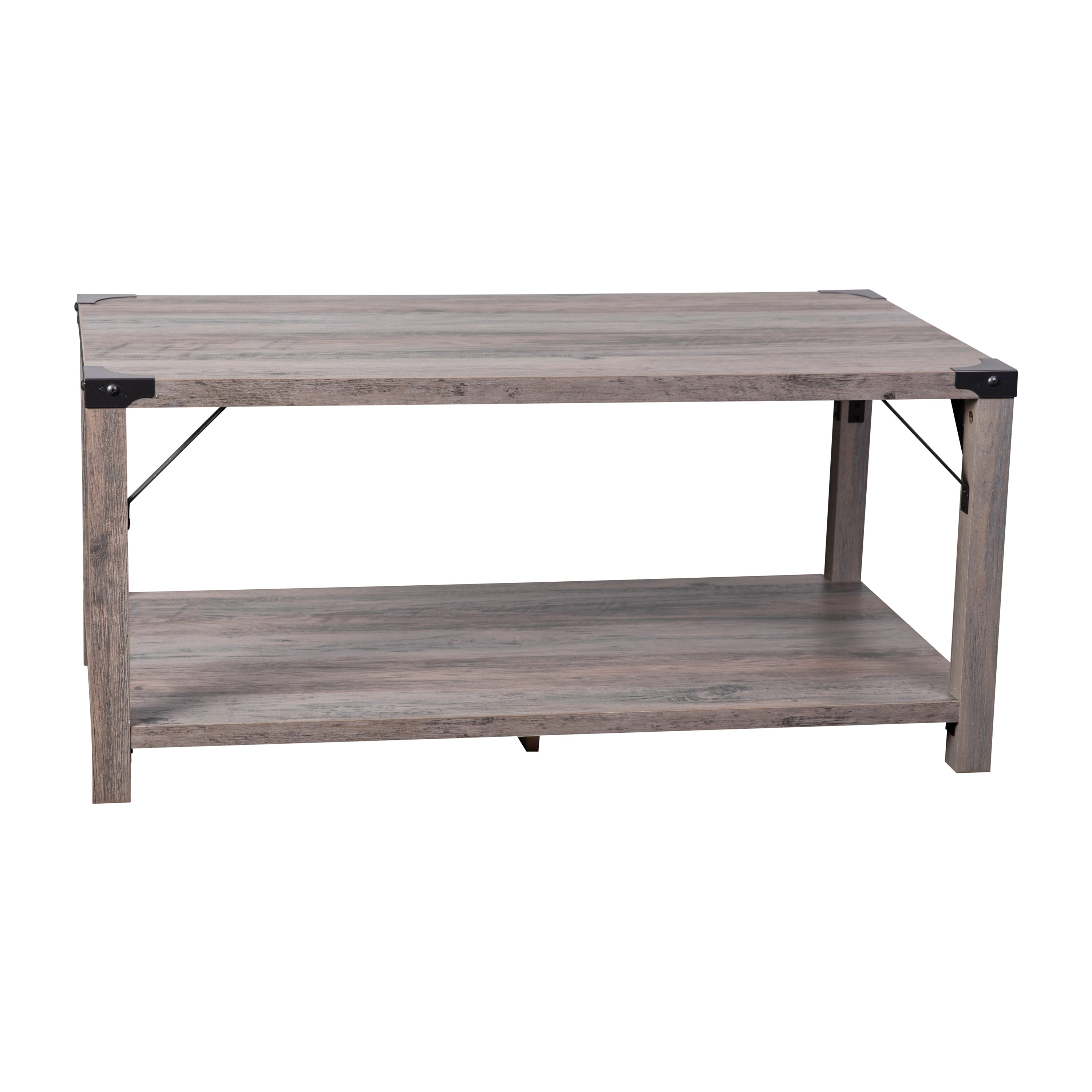 Wyatt Modern Farmhouse Wooden 2 Tier Coffee Table with Metal Corner Accents and Cross Bracing
