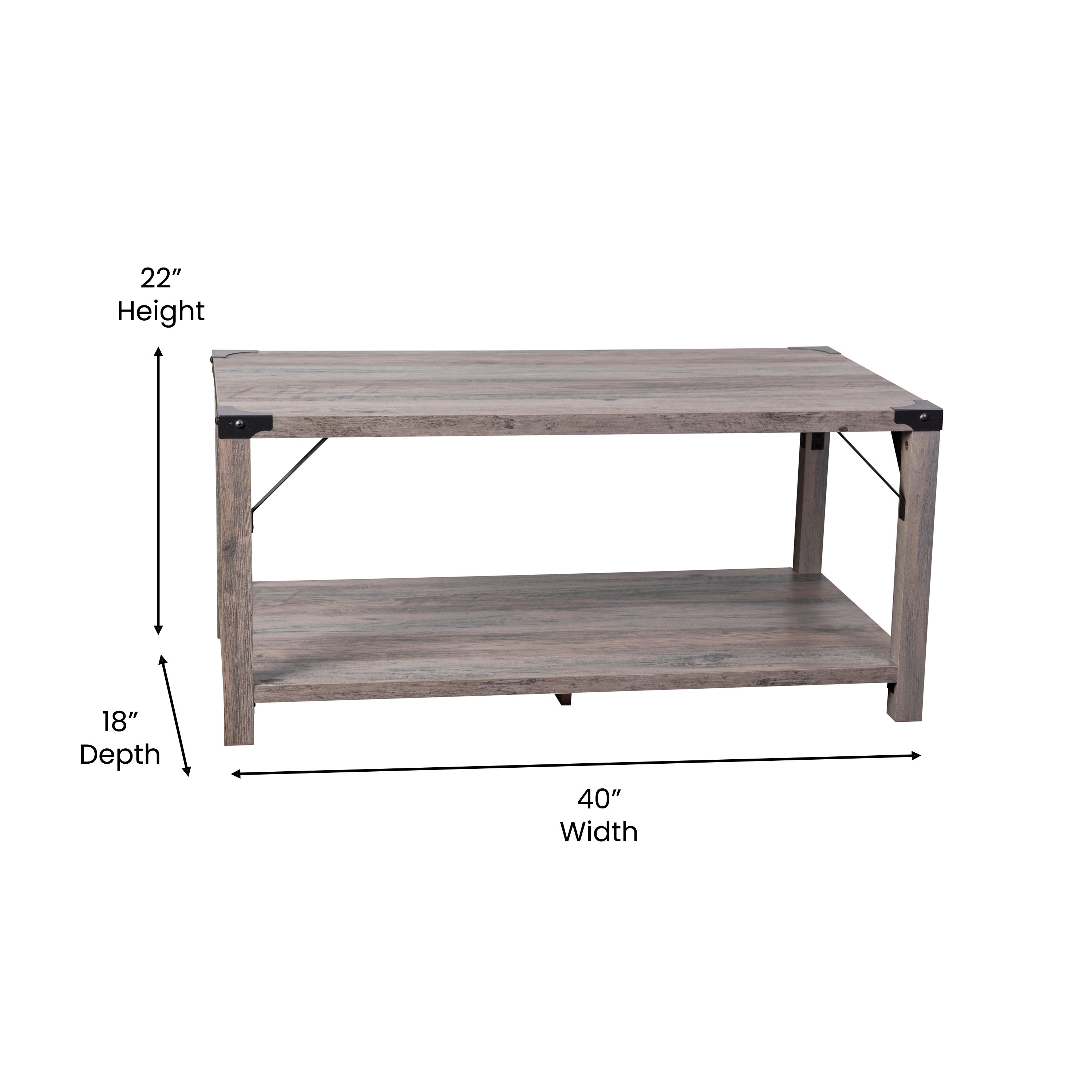 Wyatt Modern Farmhouse Wooden 2 Tier Coffee Table with Metal Corner Accents and Cross Bracing