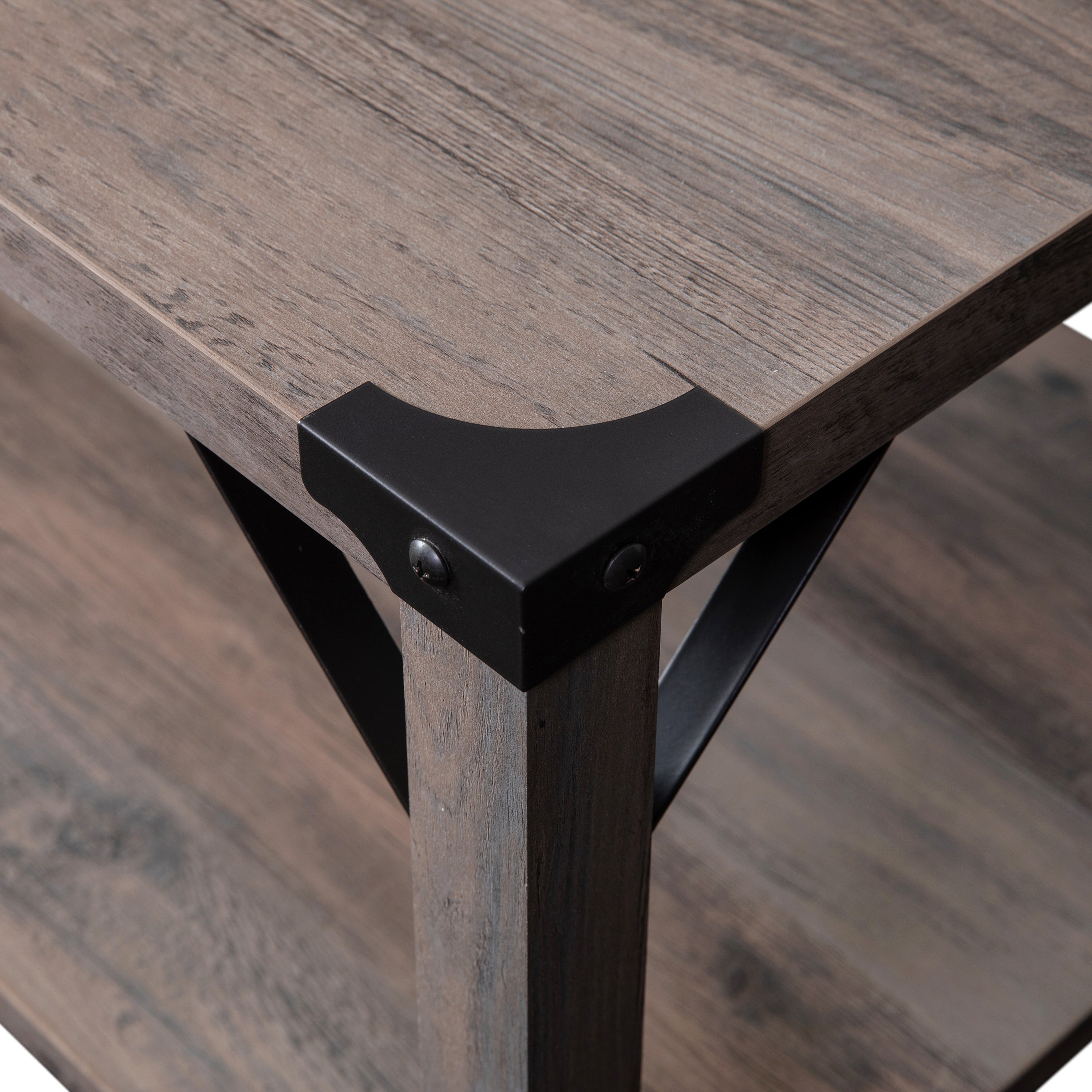 Wyatt Modern Farmhouse Wooden 2 Tier Coffee Table with Metal Corner Accents and Cross Bracing