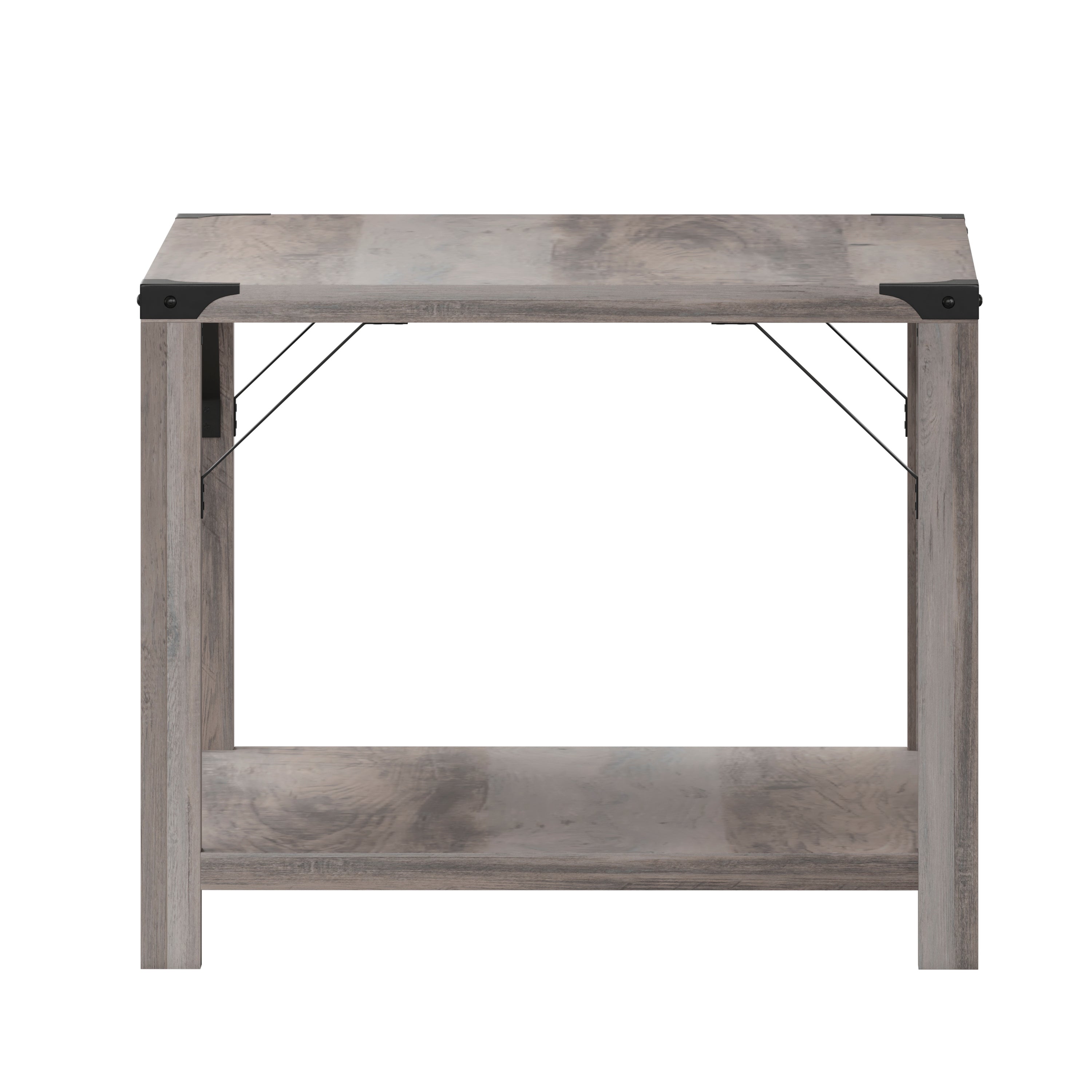 Wyatt Modern Farmhouse Wooden 2 Tier Coffee Table with Metal Corner Accents and Cross Bracing