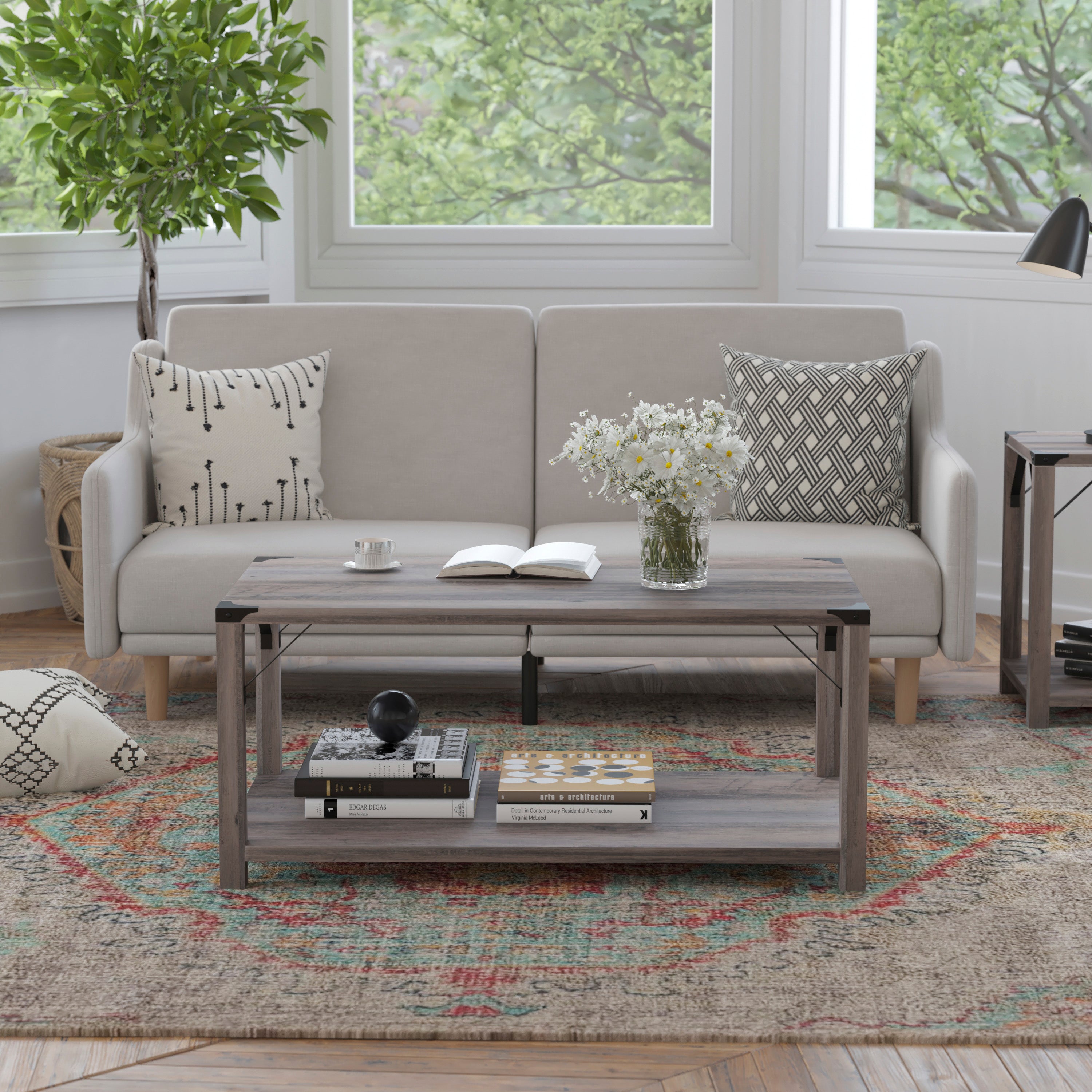 Wyatt Modern Farmhouse Wooden 2 Tier Coffee Table with Metal Corner Accents and Cross Bracing