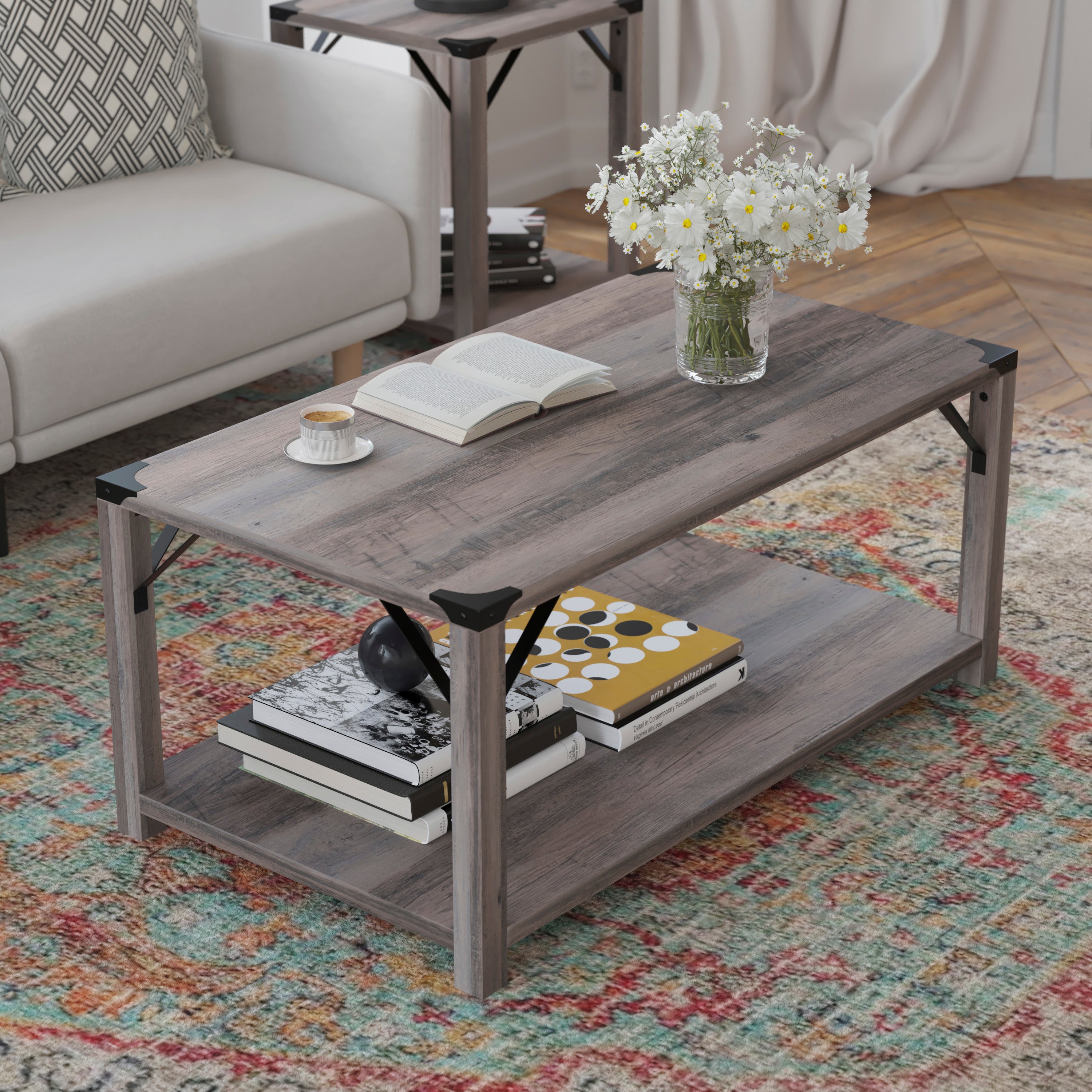Wyatt Modern Farmhouse Wooden 2 Tier Coffee Table with Metal Corner Accents and Cross Bracing
