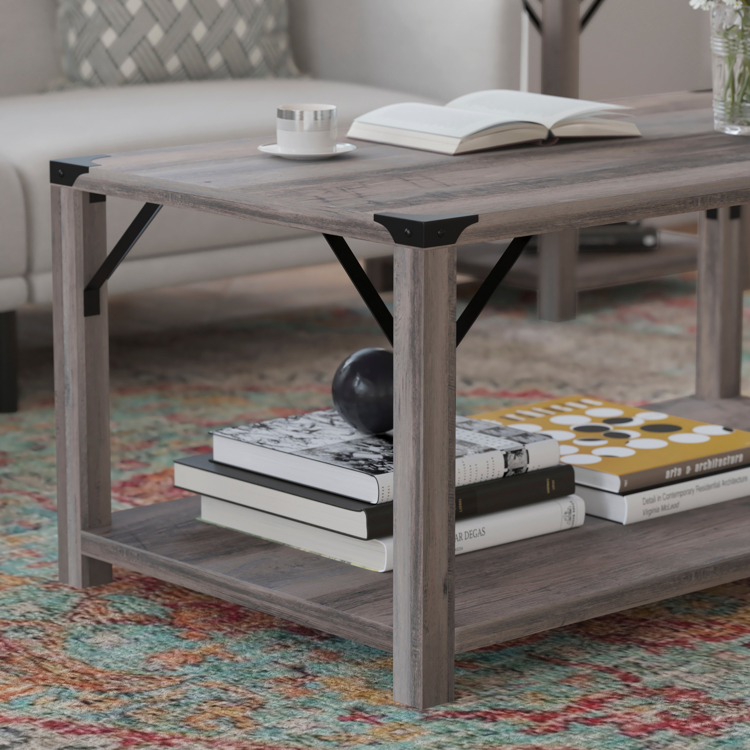 Wyatt Modern Farmhouse Wooden 2 Tier Coffee Table with Metal Corner Accents and Cross Bracing