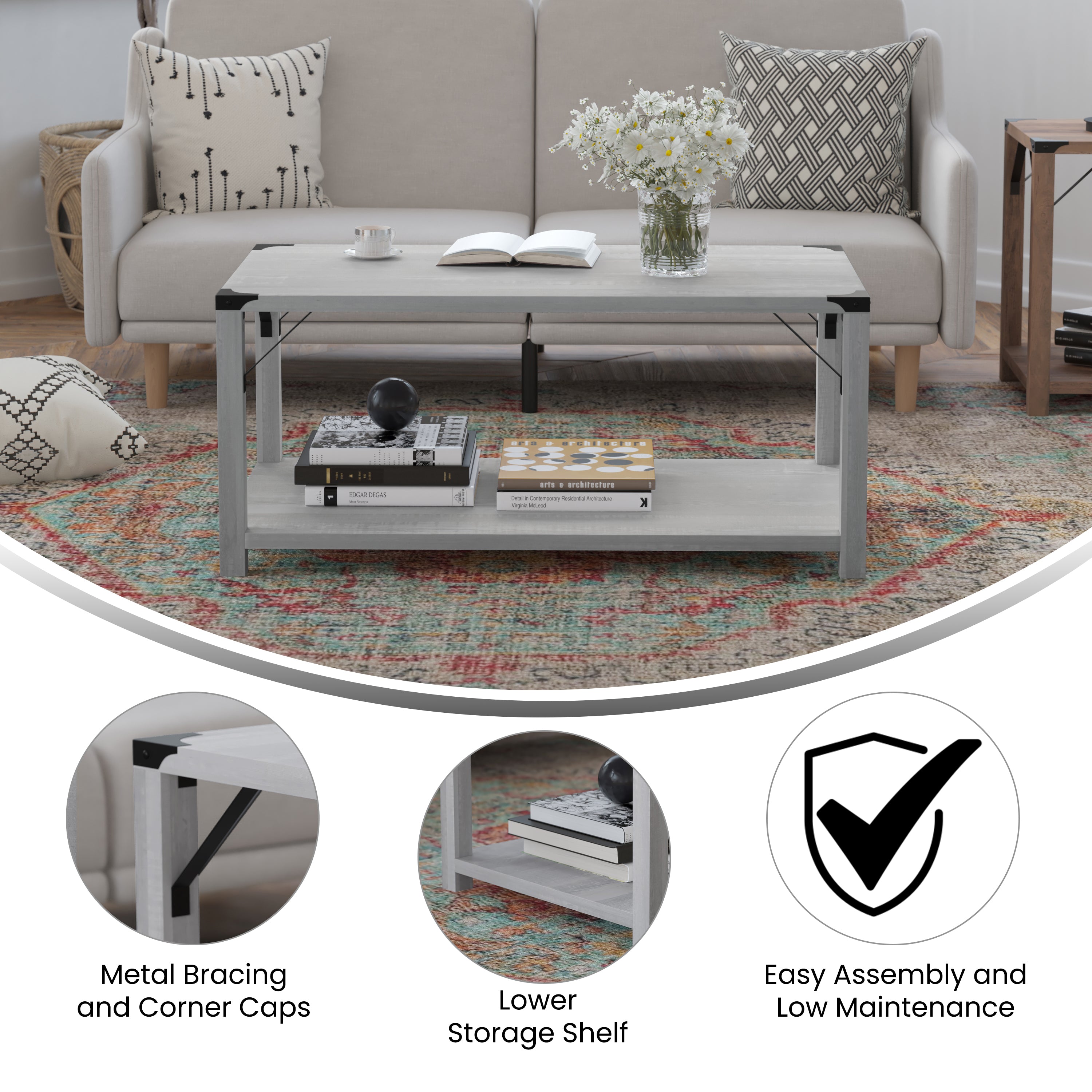 Wyatt Modern Farmhouse Wooden 2 Tier Coffee Table with Metal Corner Accents and Cross Bracing