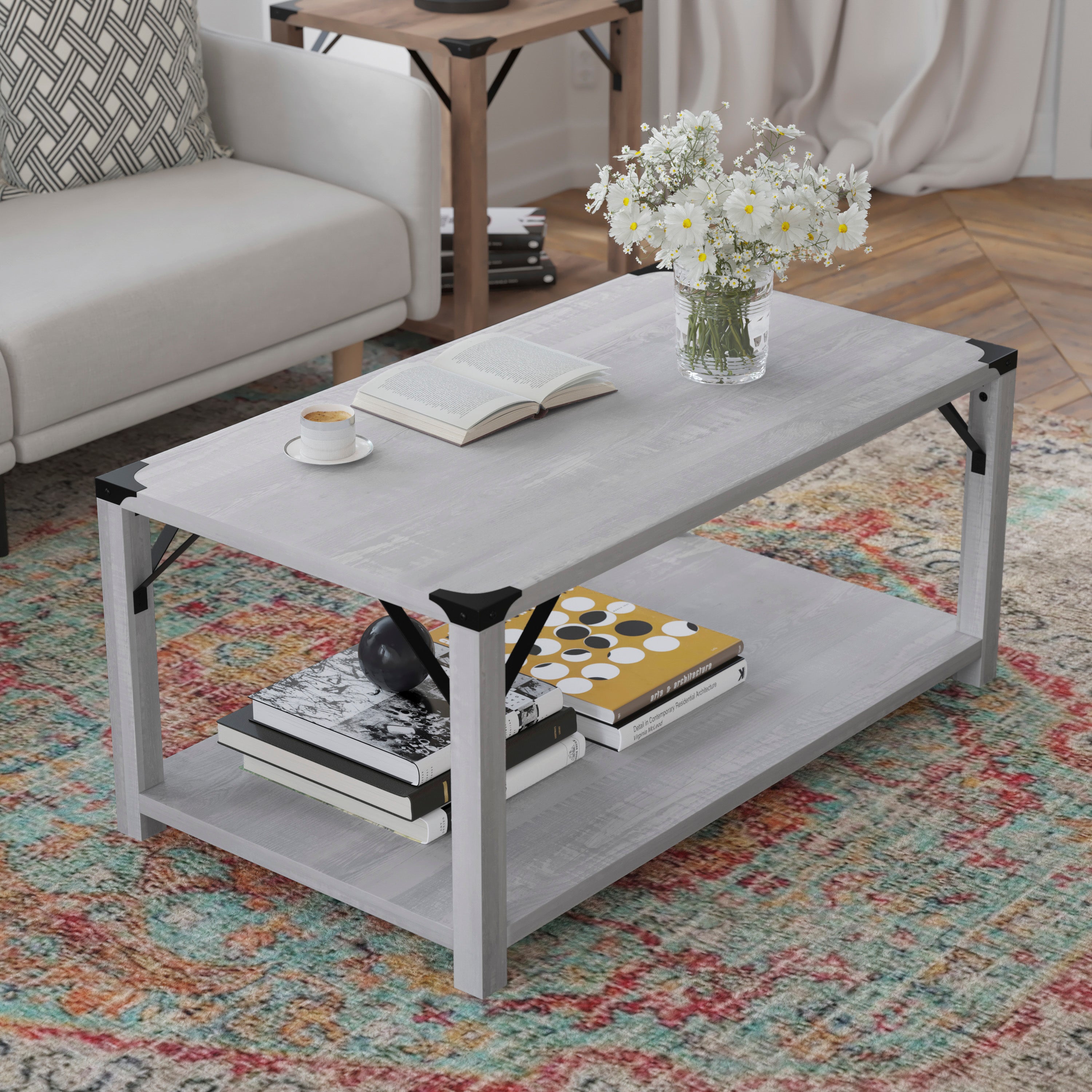 Wyatt Modern Farmhouse Wooden 2 Tier Coffee Table with Metal Corner Accents and Cross Bracing