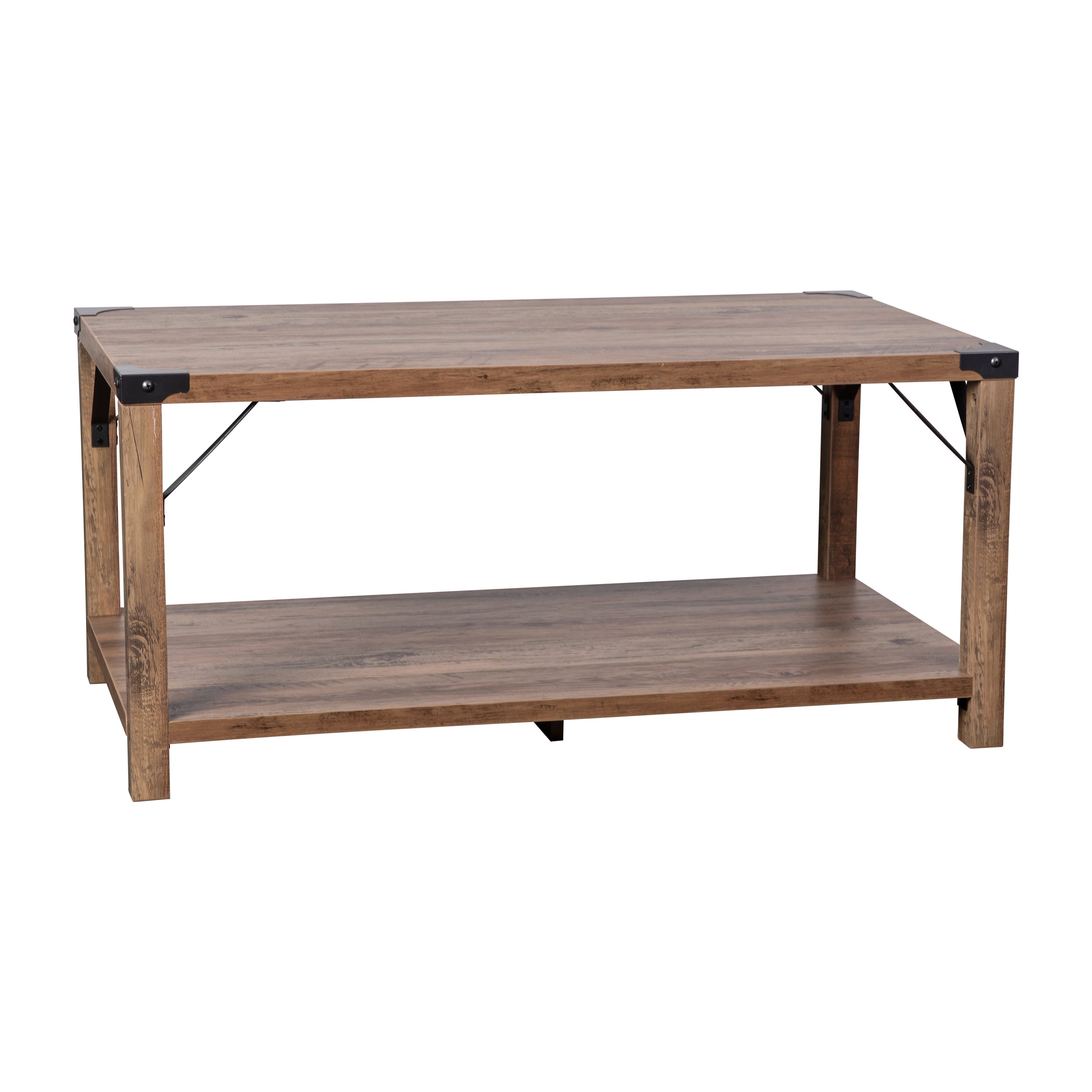 Wyatt Modern Farmhouse Wooden 2 Tier Coffee Table with Metal Corner Accents and Cross Bracing