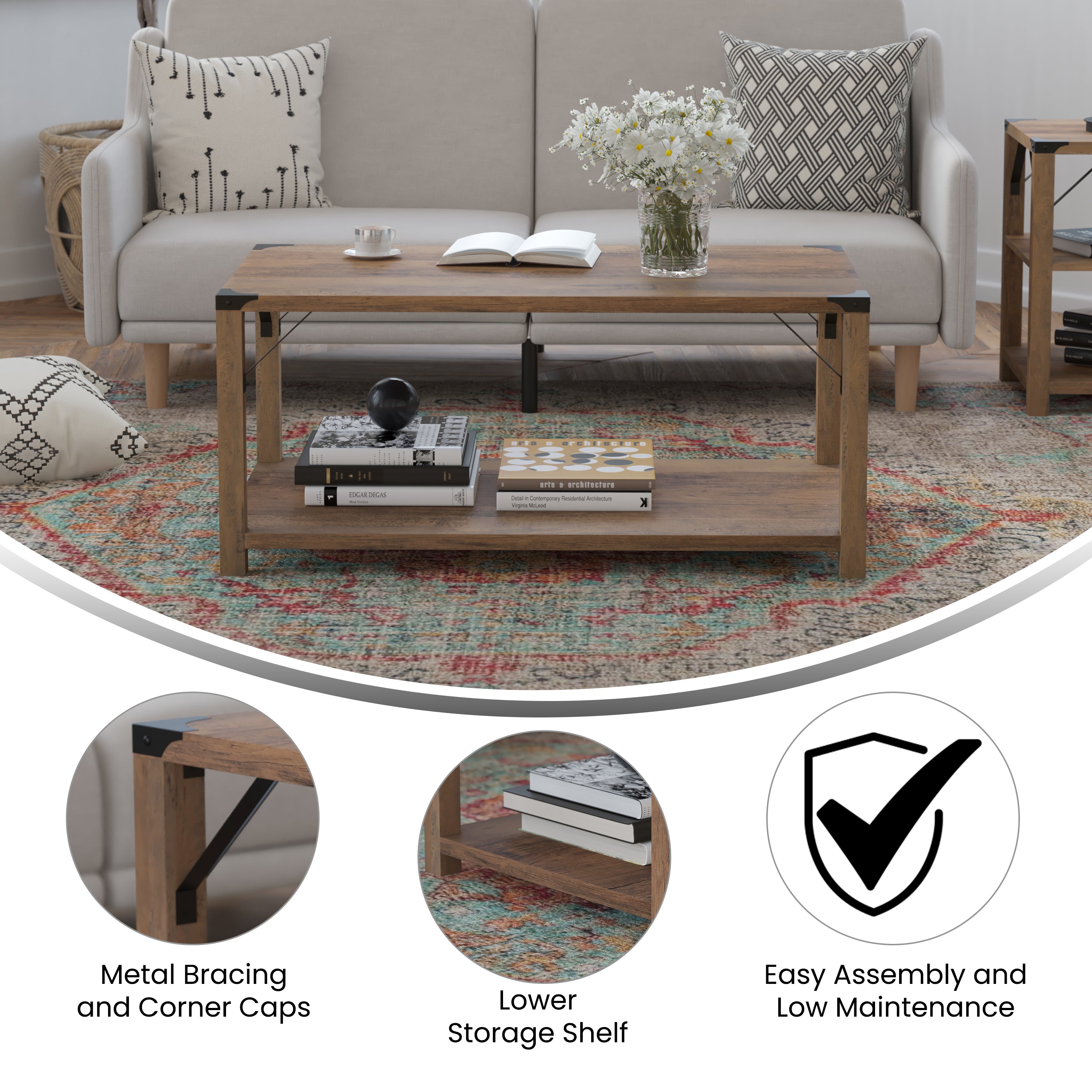 Wyatt Modern Farmhouse Wooden 2 Tier Coffee Table with Metal Corner Accents and Cross Bracing
