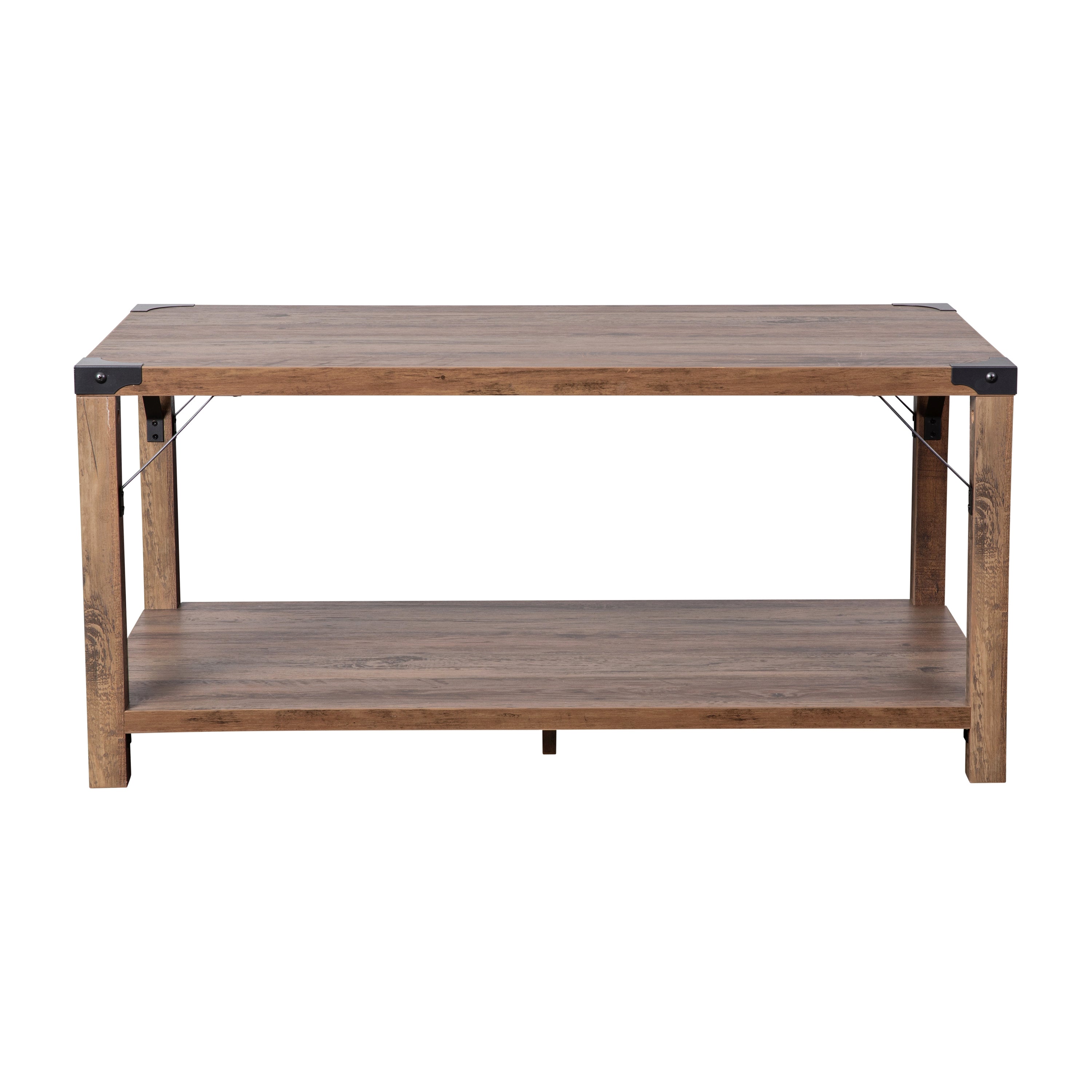 Wyatt Modern Farmhouse Wooden 2 Tier Coffee Table with Metal Corner Accents and Cross Bracing