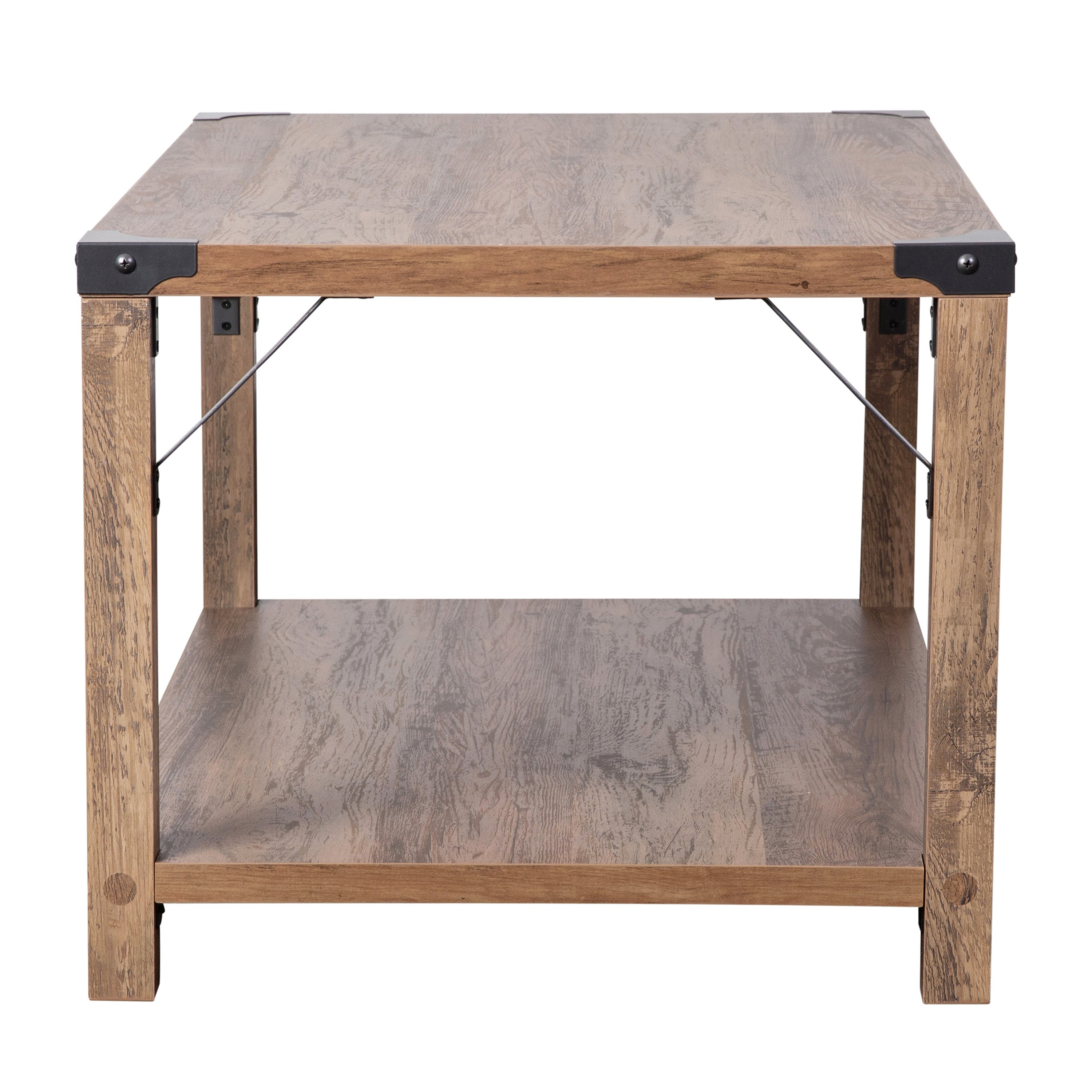 Wyatt Modern Farmhouse Wooden 2 Tier Coffee Table with Metal Corner Accents and Cross Bracing