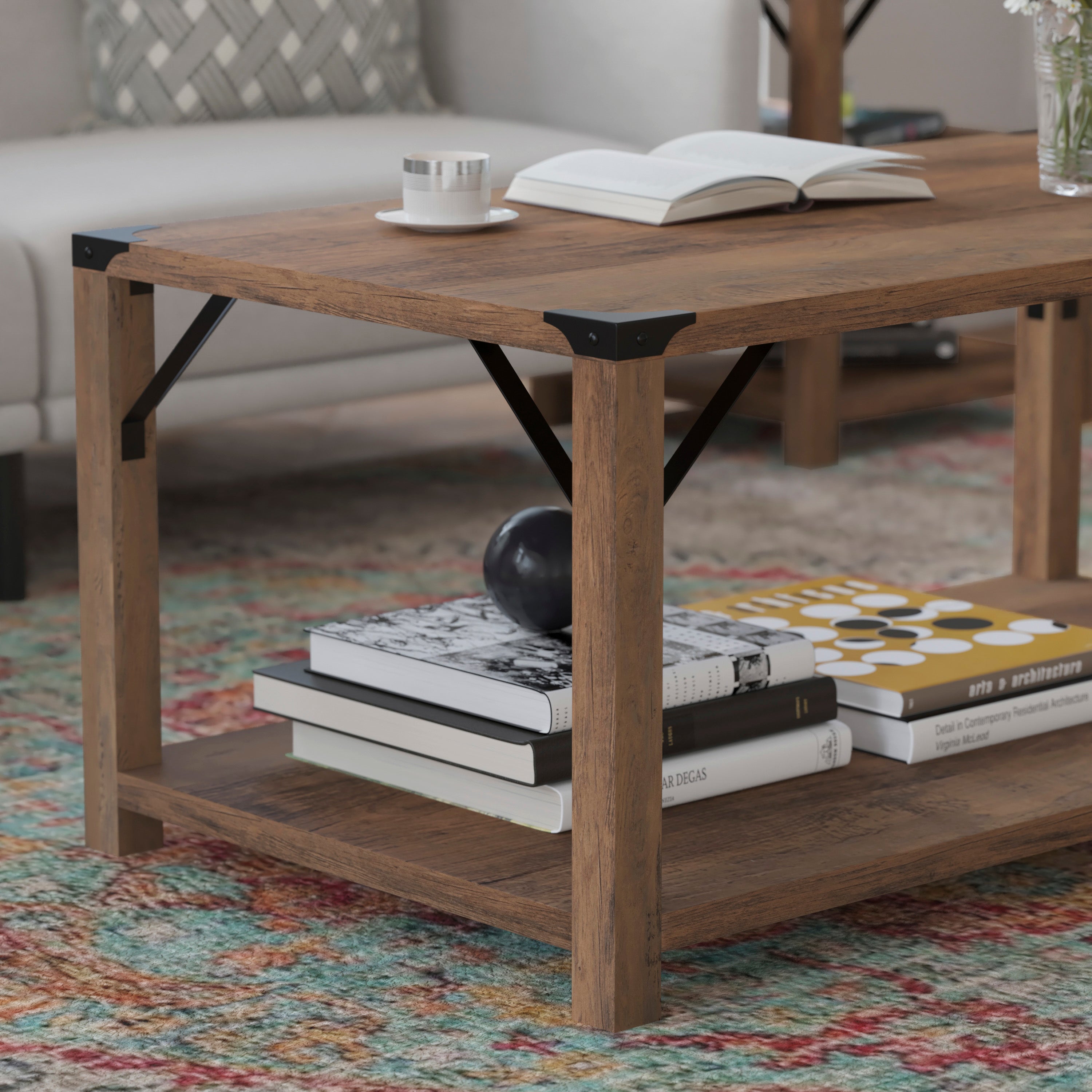 Wyatt Modern Farmhouse Wooden 2 Tier Coffee Table with Metal Corner Accents and Cross Bracing