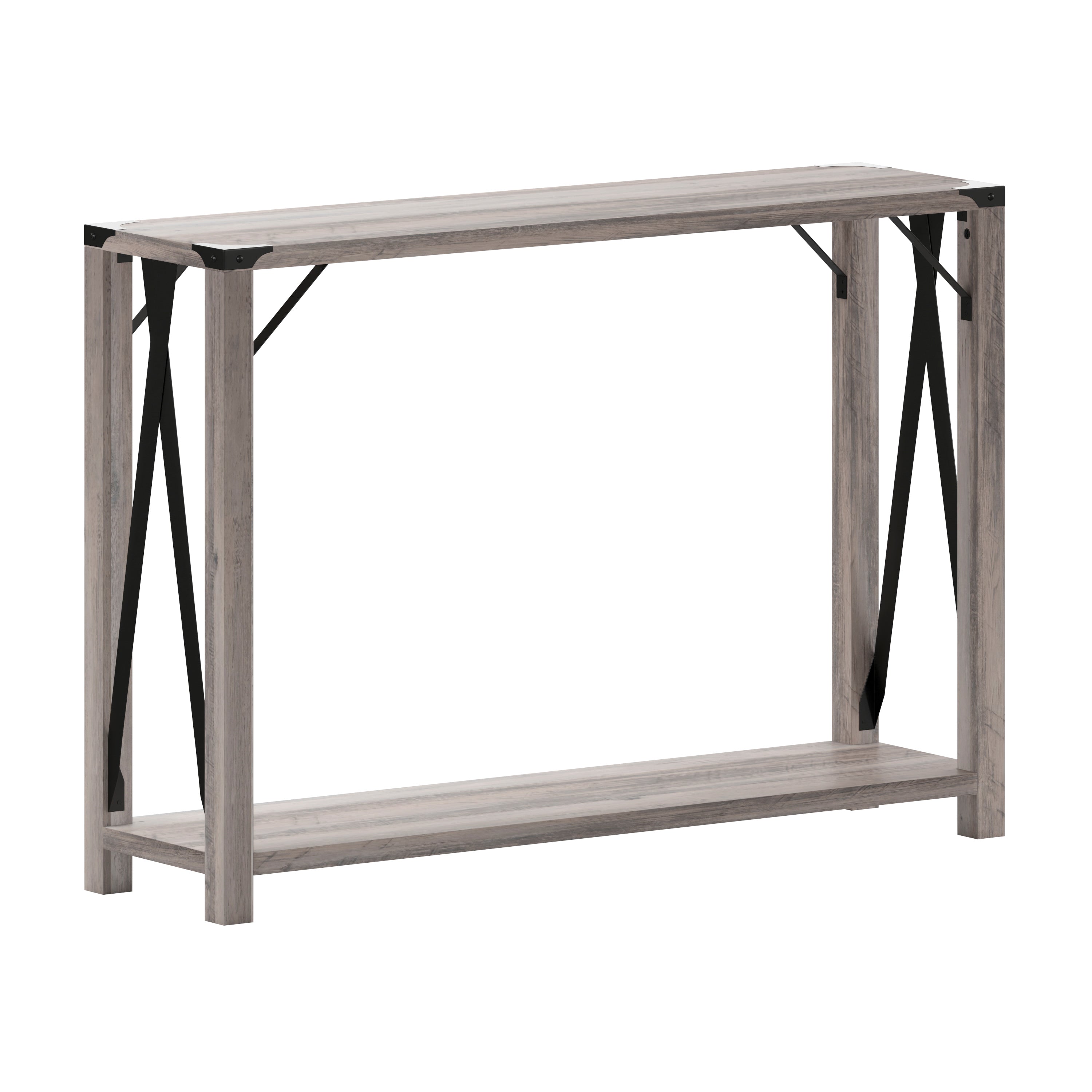 Wyatt Modern Farmhouse Wooden 2 Tier Console Entry Table with Metal Corner Accents and Cross Bracing