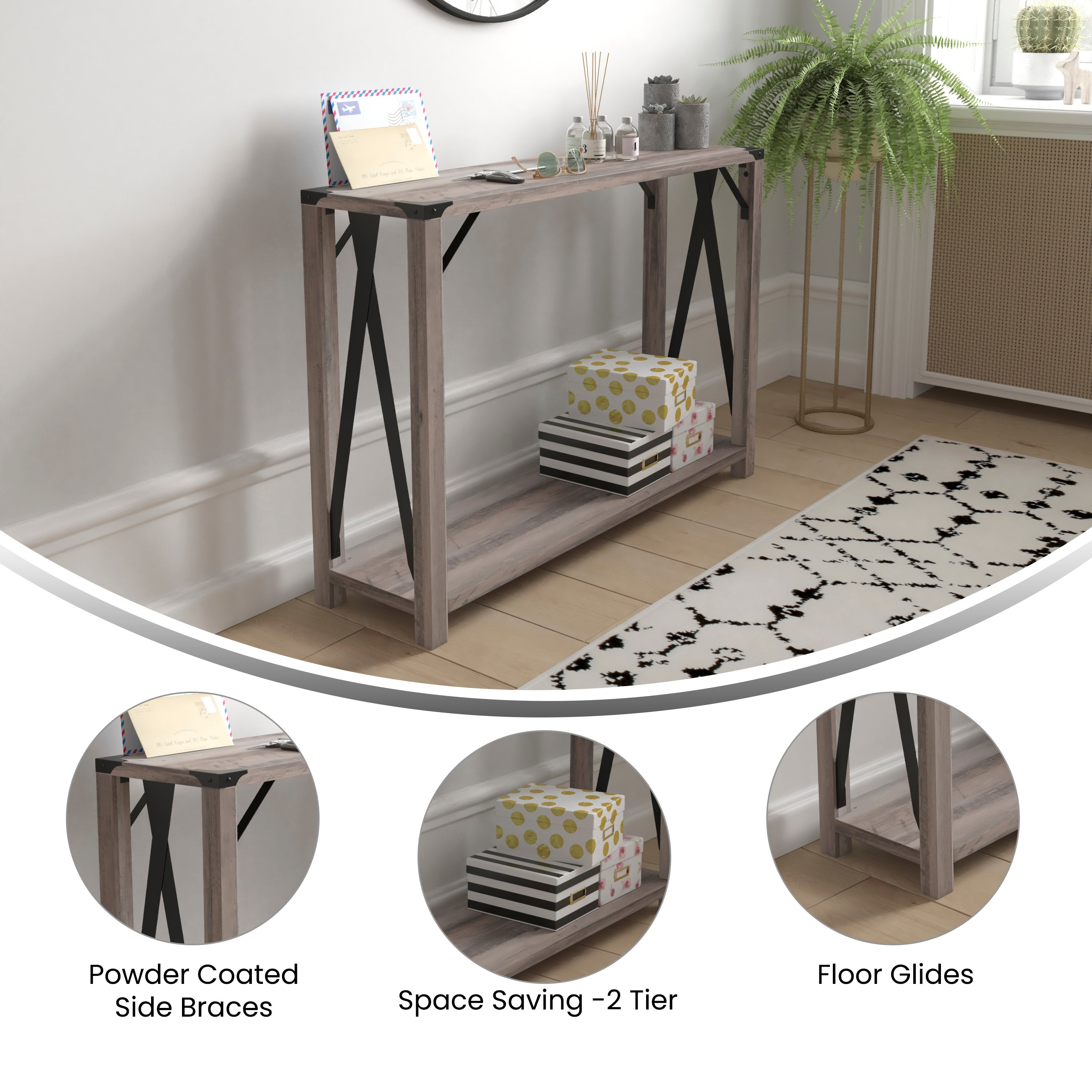 Wyatt Modern Farmhouse Wooden 2 Tier Console Entry Table with Metal Corner Accents and Cross Bracing