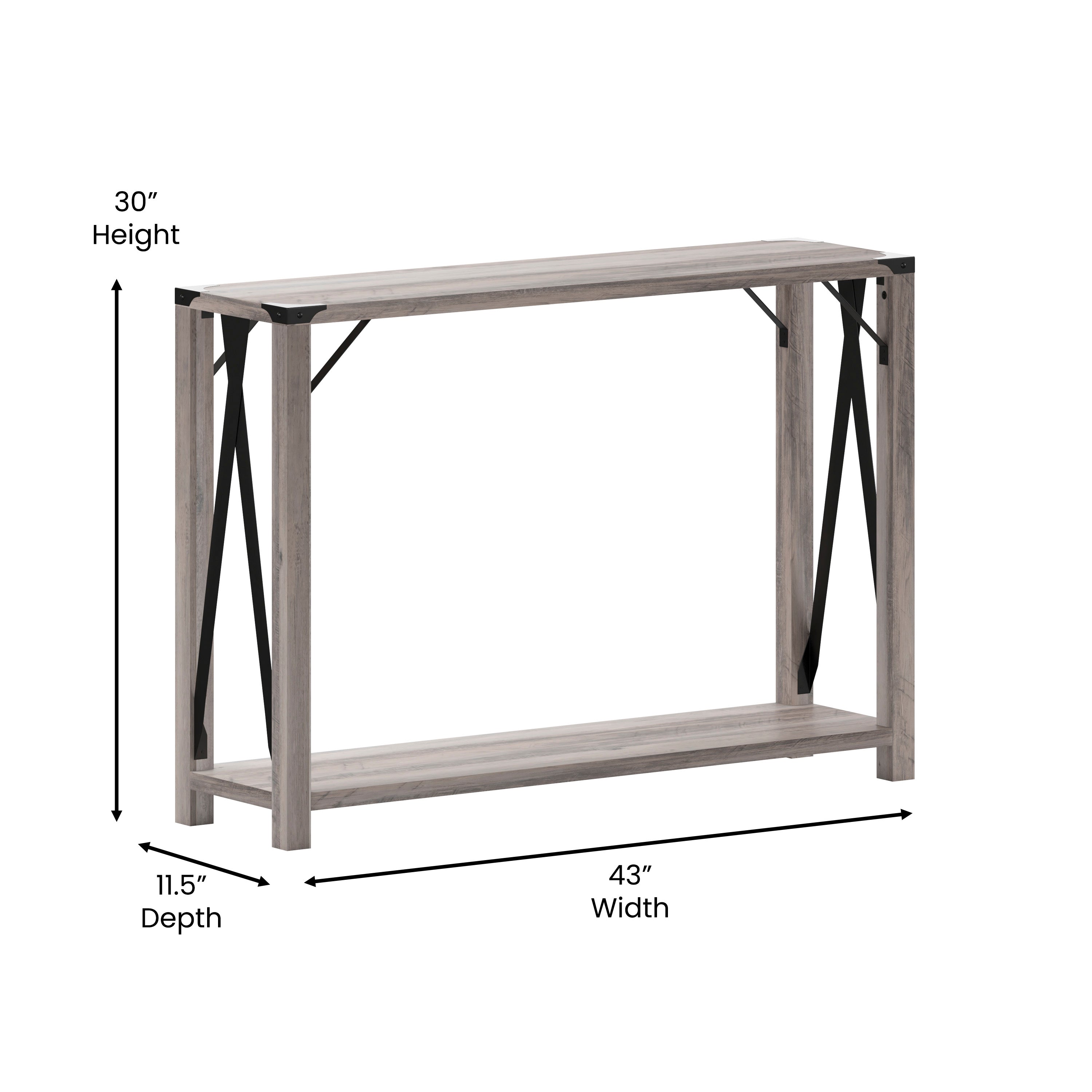 Wyatt Modern Farmhouse Wooden 2 Tier Console Entry Table with Metal Corner Accents and Cross Bracing
